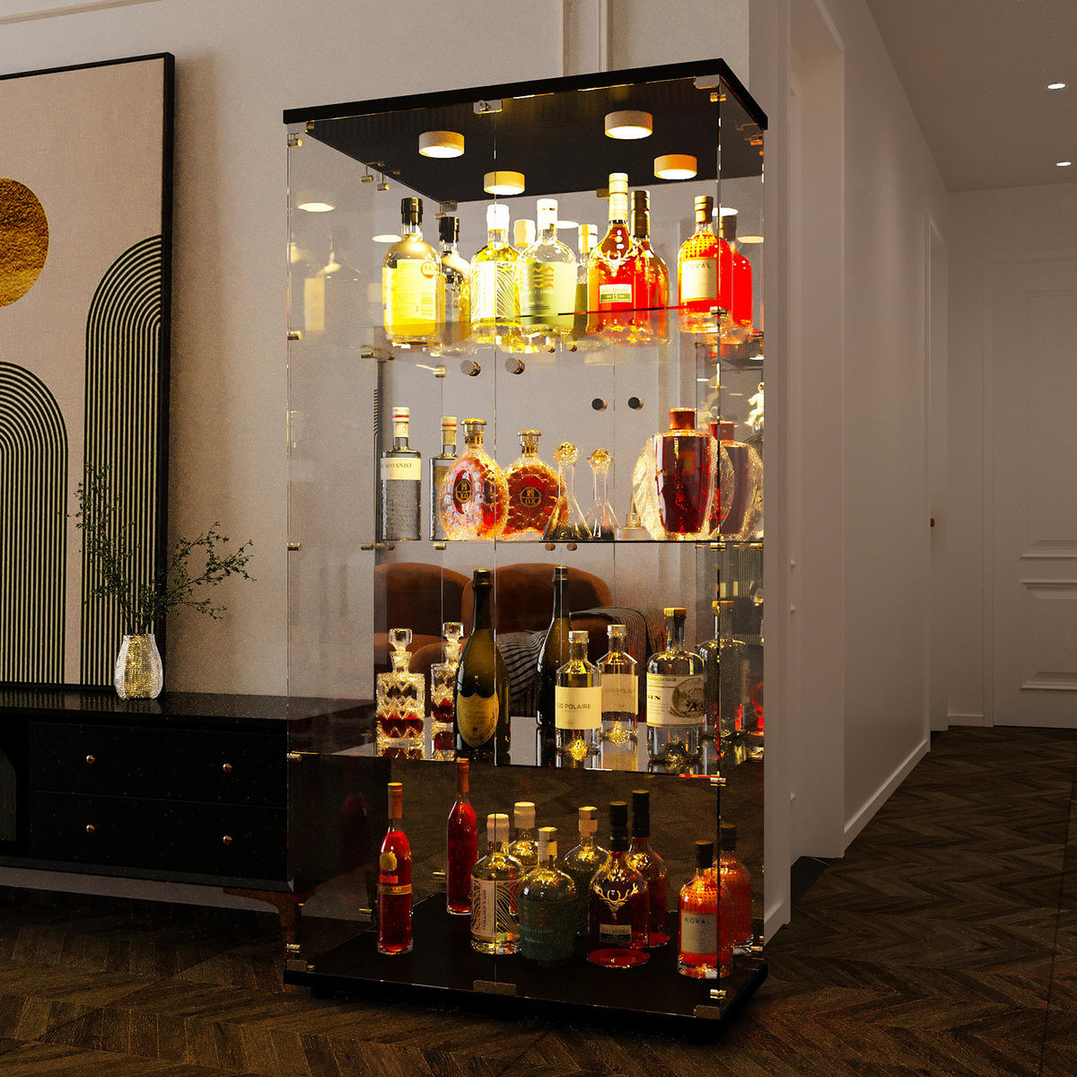 GLASVITRINE LED Schloss 2 Türen Einlegeböden schwarz - Schwarz, Holz (80.5/164/36.5cm) - Fortuna Lai