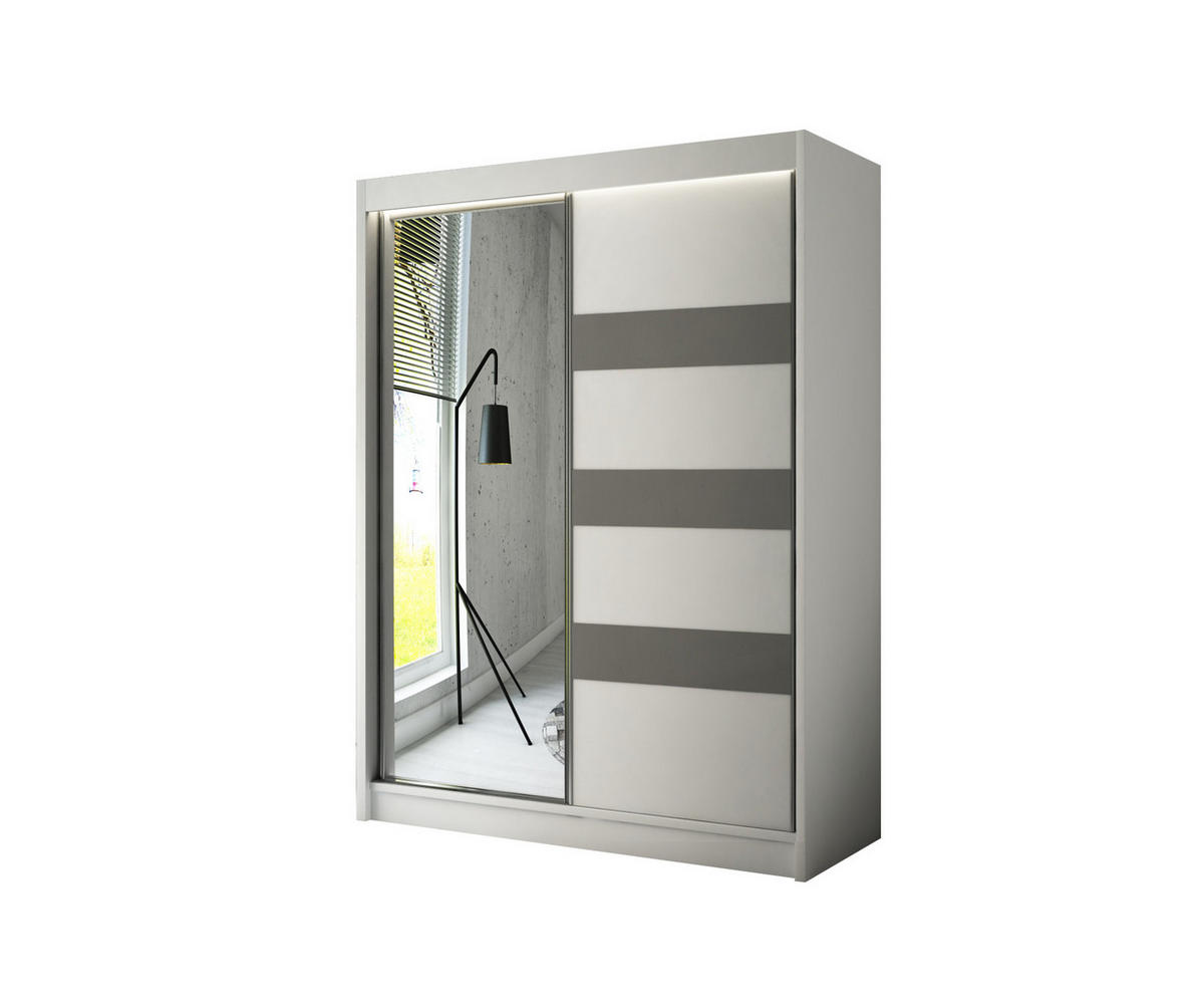 KLEIDERSCHRANK mit LED, Spiegel und Schiebetüre LOSTE - 200 cm Weiß|Grau - Weiß/Grau, Holzwerkstoff (200/215/61cm) - ALTDECOR