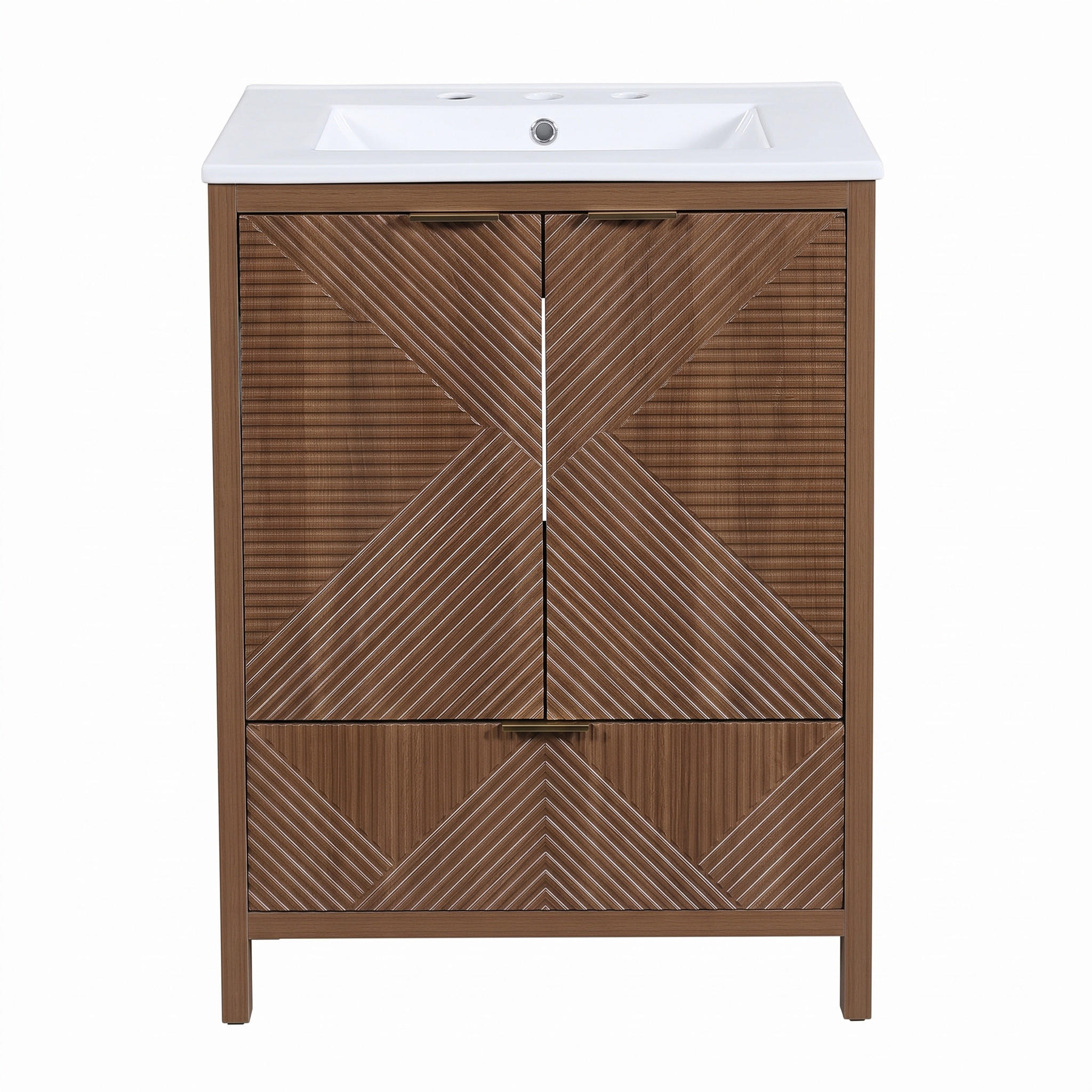 BAD-WASCHTISCHUNTERSCHRANK Walnuss mit Keramikbecken - Walnussfarben, Holzwerkstoff (61/87/47cm) - Urban Meuble