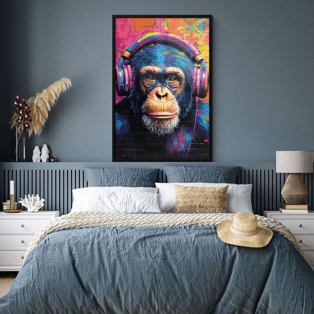 GERAHMTES BILD Graffiti - Schimpanse - Straßenkunst - Kopfhörer - Affe 80x120 cm - Blau, Papier (80/120cm) - MuchoWow