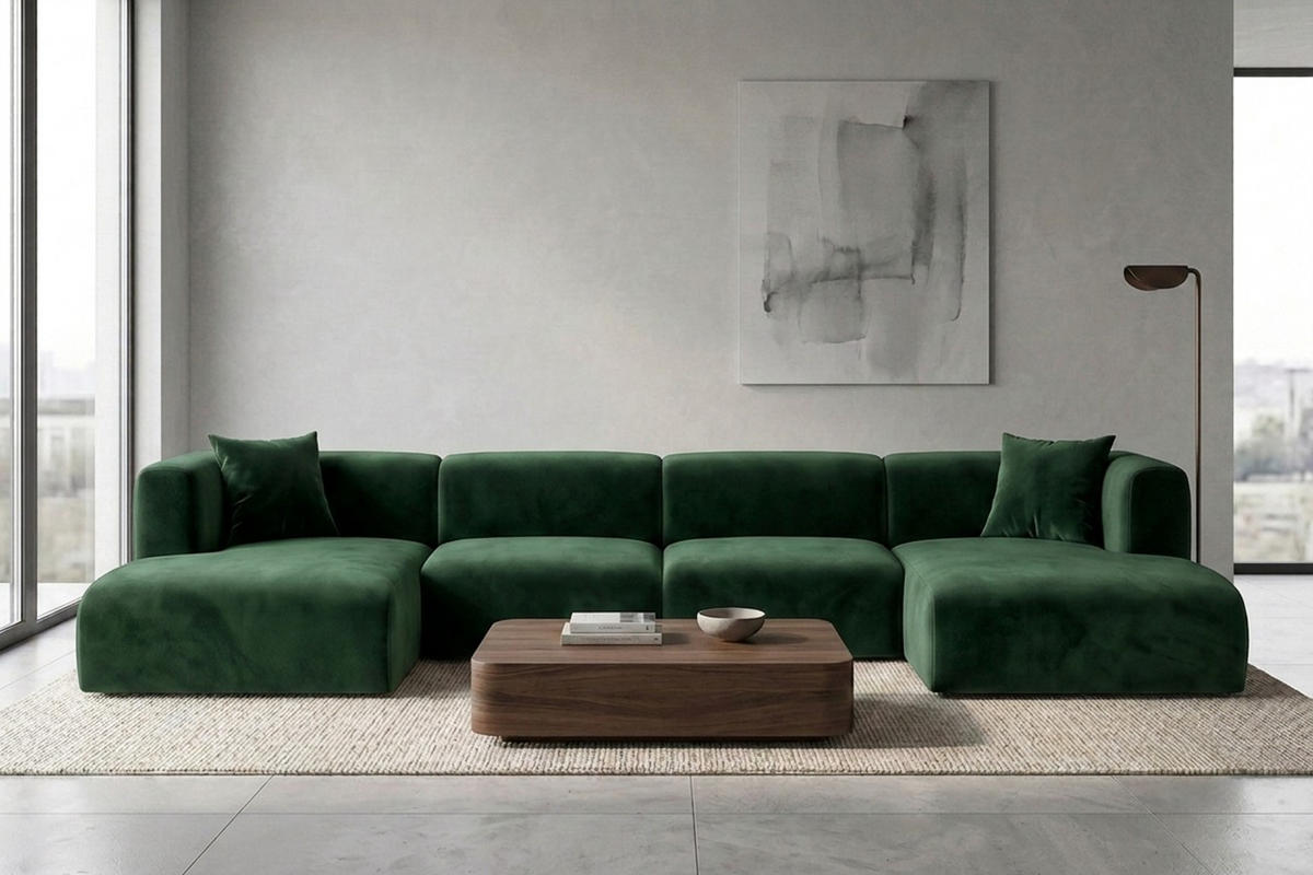 ECKSOFA U-Form, Velvet-Stoff Bluvel, Grün, GRETA - Grün, Holz (408/70/179cm) - Kaiser Möbel