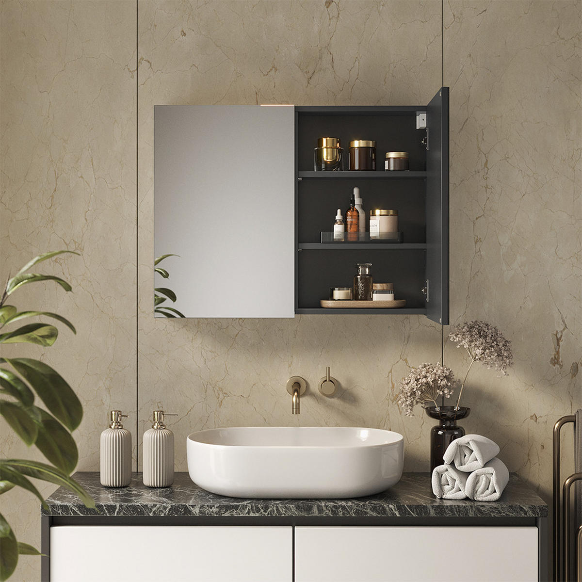 KOPALNIŠKA OMARICA Z OGLEDALOM Lavia, Antracit, 80 x 60.2 cm - antracit, leseni material (80/170/17cm) - Vicco