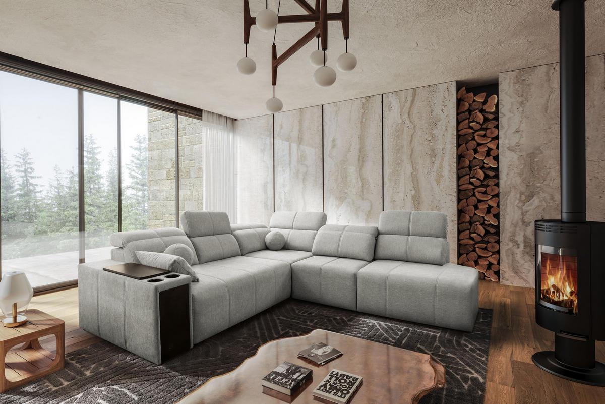 ECKSOFA Mindy IX Mit Schlaffunktion, Verstellbarer Rückenlehne Stoff Verita Hellgrau Rechts - Hellgrau, Holz (300/288cm) - Kaiser Möbel