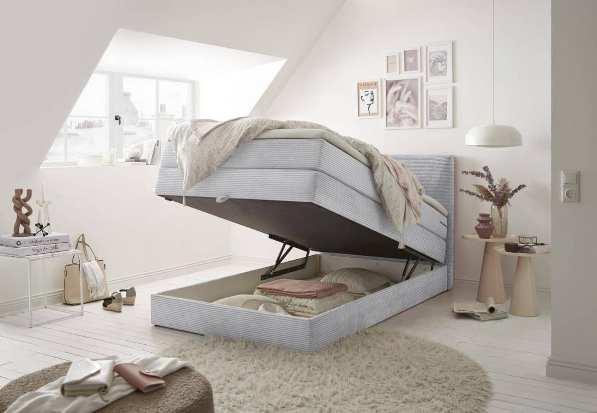 BOXSPRINGBETT 120/140x200 – Bettkasten, 7‑Zonen‑Tonnentaschenfederkern & Komfort‑T25‑Topper - Beige/Silberfarben, Holz/Textil (120/200cm) - ed exciting design