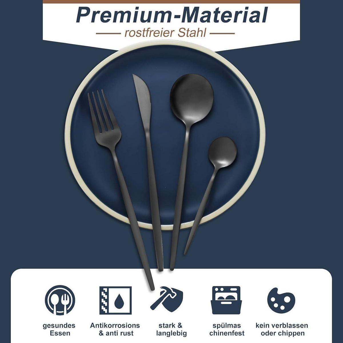BESTECK Set 24-teilig für 6 Personen Schwarz Matt Edelstahl - Schwarz, Metall