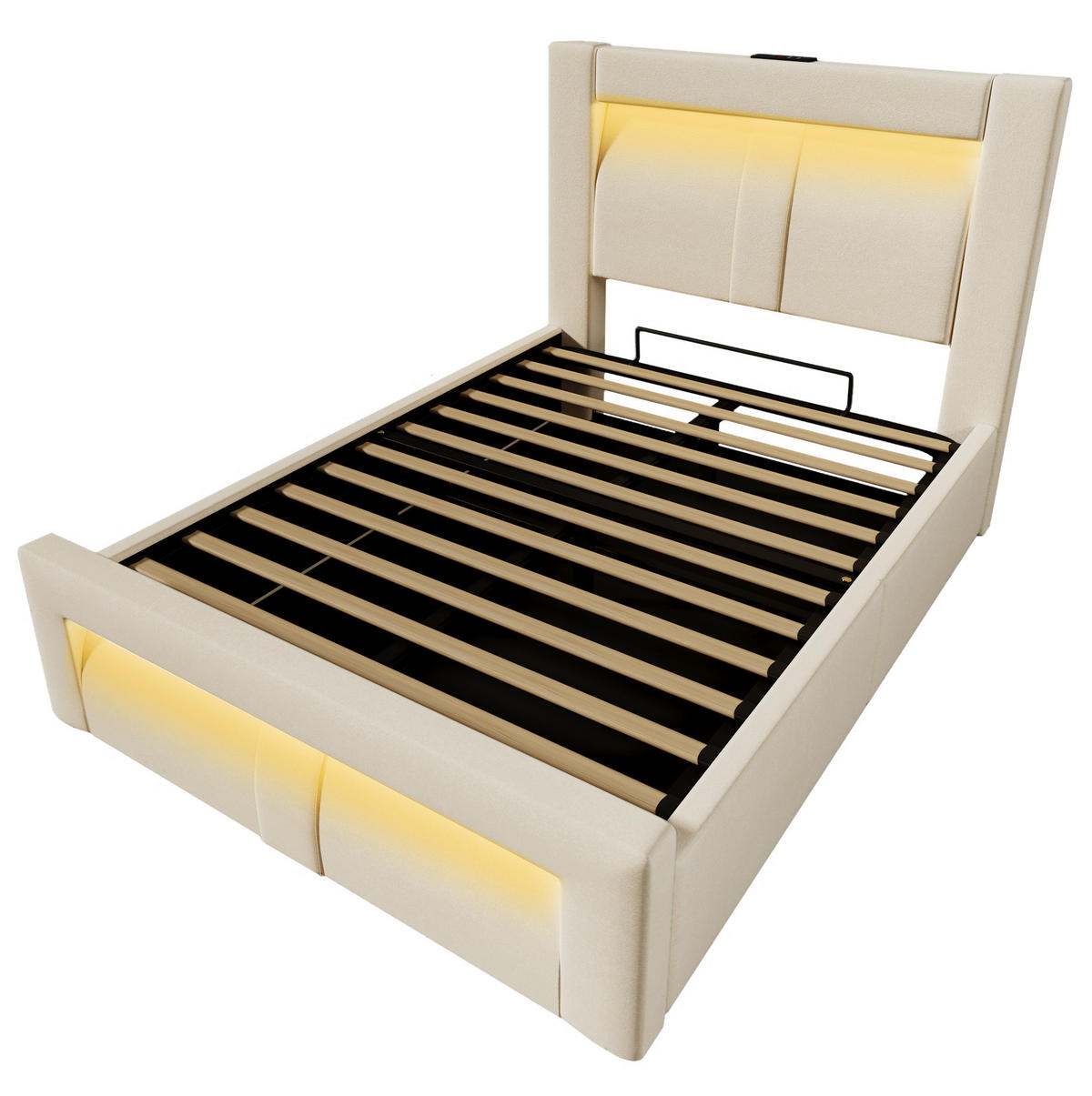 SAMT-POLSTERBETT 90/200 cm mit Bettkasten, LED-Beleuchtung und gepolstertem Kopfteil - Beige, Textil (90/200cm) - BEAOK