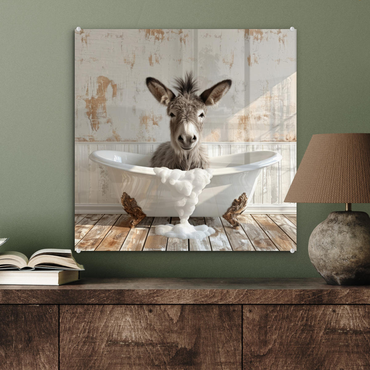 ACRYLGLASBILD Esel - Tiere - Badewanne - Schaumstoff 50x50 cm - Weiß, Glas (50/50cm) - MuchoWow