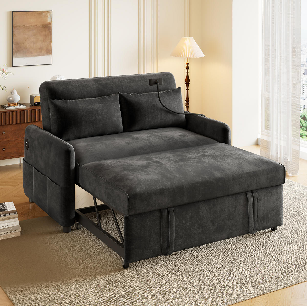 SCHLAFSOFA Doppel mit Schlaffunktion verstellbarer Rückenlehne Handyhalter & USB-Anschluss Grau 129/163/81 cm - Grau, Textil (129/81/76cm) - OKWISH