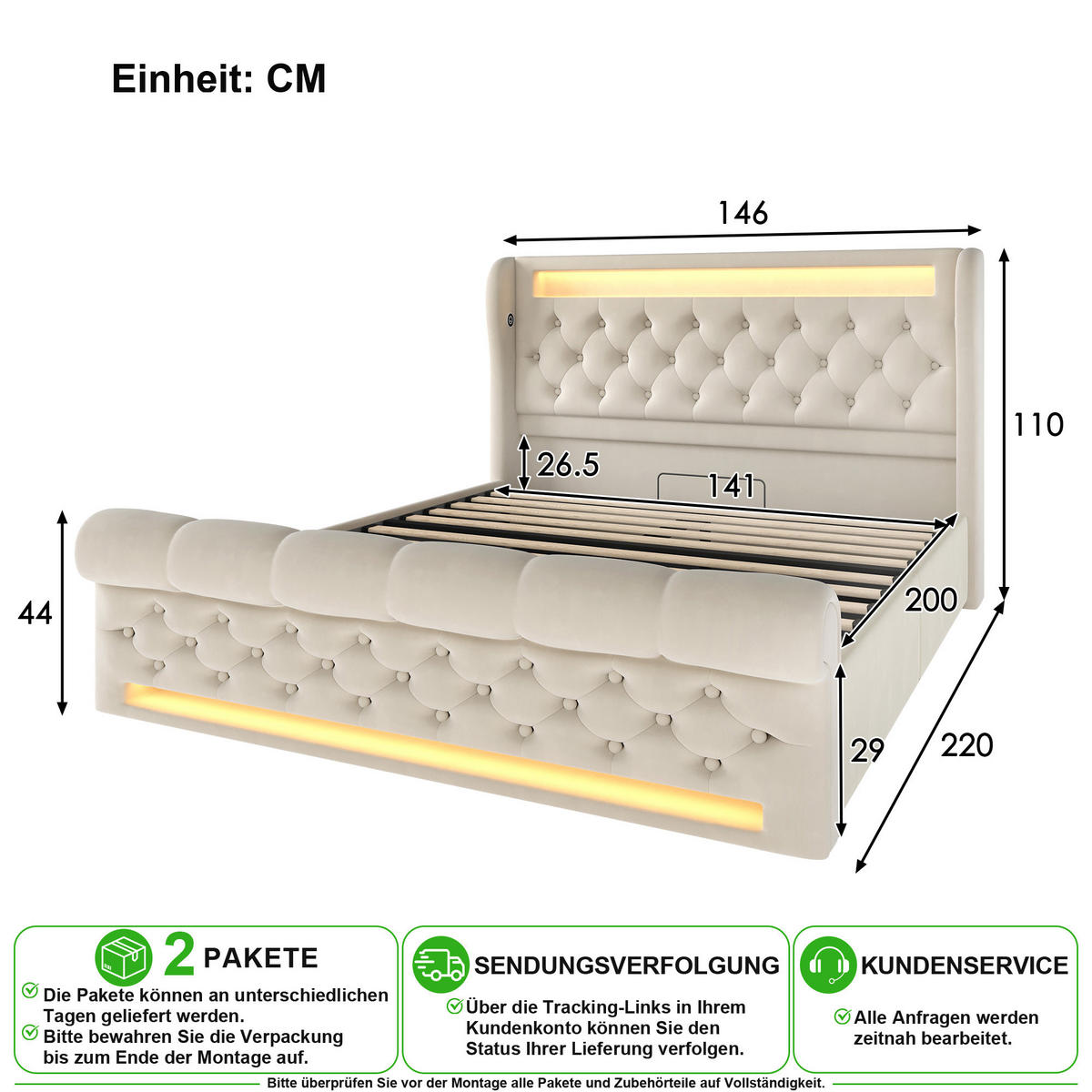 POLSTERBETT 140/200 cm in Beige Samt mit Bettkasten, LED, USB und Type-C - Beige, Holzwerkstoff/Textil (140/200cm) - CHICFURN
