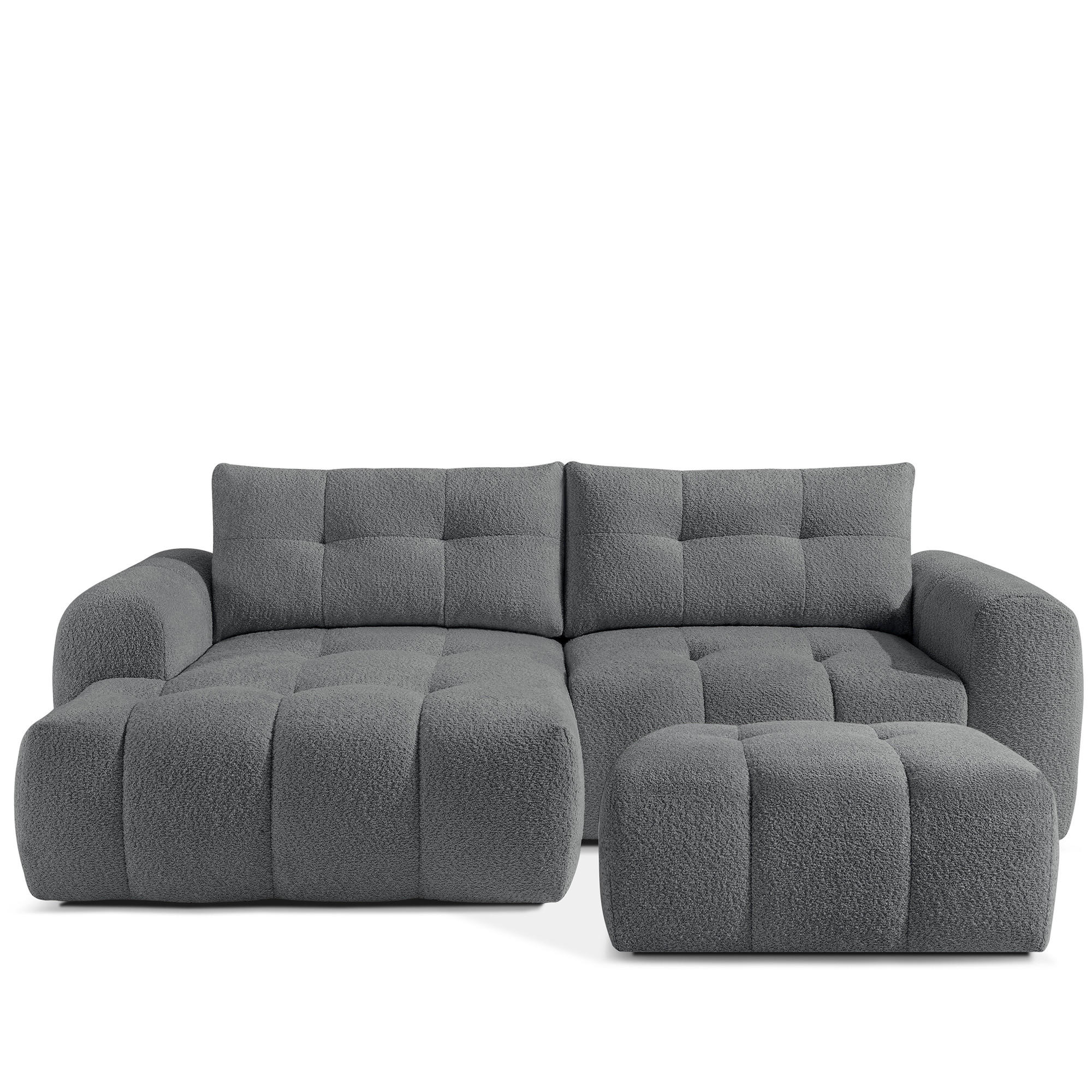 ECKSOFA MIT HOCKER RAVIA, Bouclé, Dunkelgrau - Dunkelgrau, Holz/Textil (96/50cm) - KONSIMO®