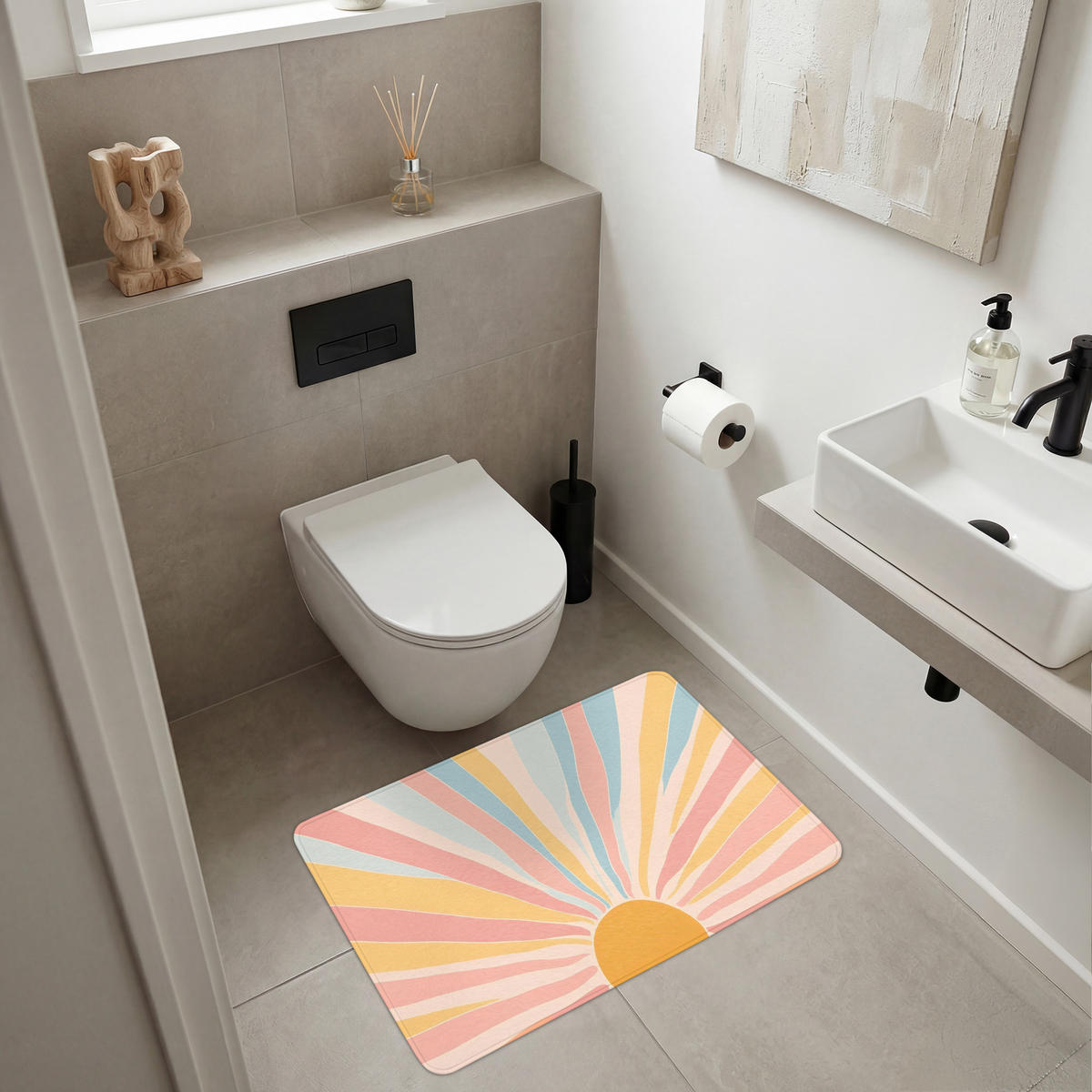 BADEMATTE Illustration - Sonne - Pastellfarben 90x60 cm - Pastellblau, Kunststoff/Textil (90/60cm)