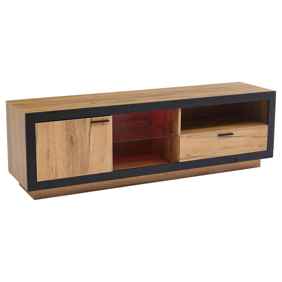 LOWBOARD TV-Ständer mit RGB LED Beleuchtung und App Steuerung, offene Fächer, 70 Zoll kompatibel Glas Schwarz - Eichefarben/Schwarz, Glas/Holzwerkstoff (160/50/40cm) - EVRYAE