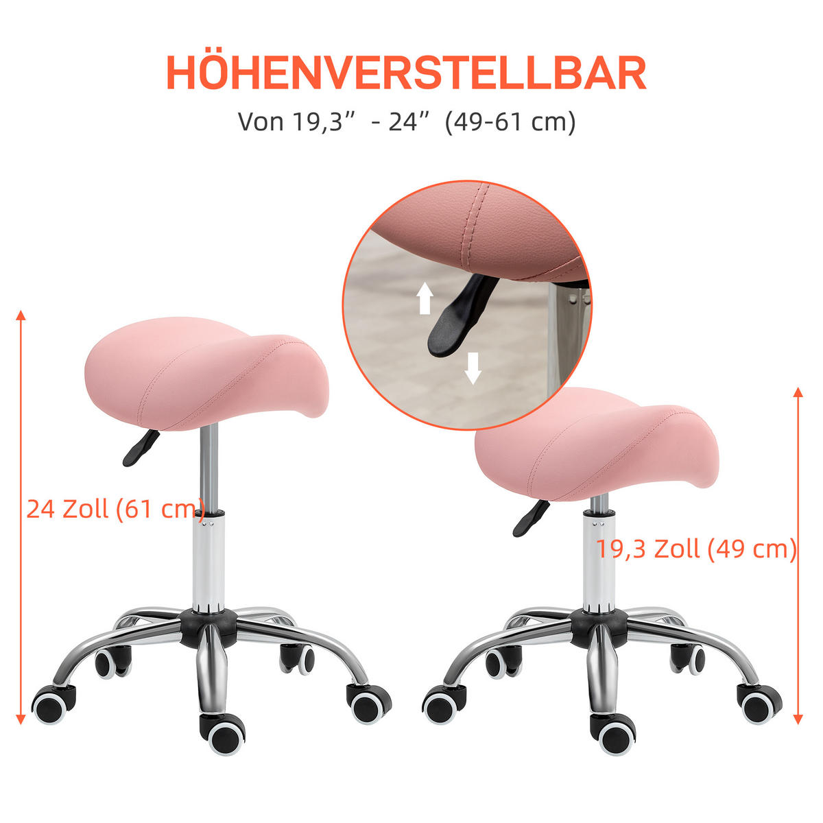 ROLLHOCKER PU Metall Rosa - Chromfarben/Rosa, Kunststoff/Metall (52/61/53cm) - HOMCOM