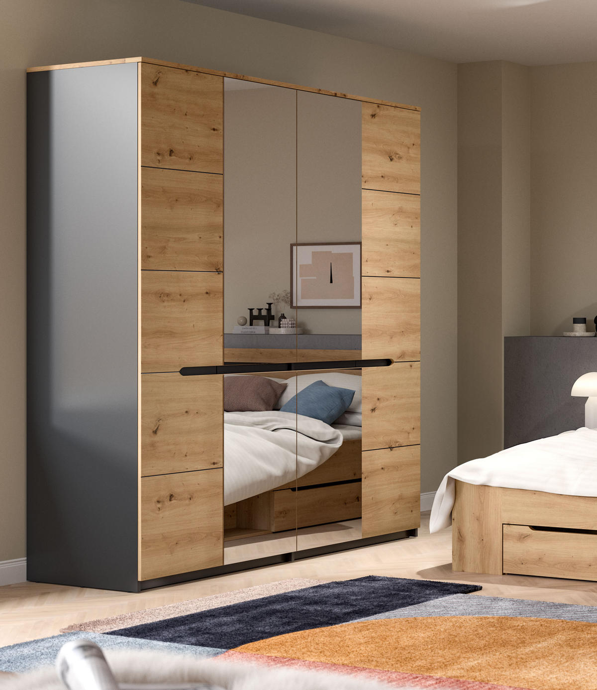 KLEIDERSCHRANK Sova 4-türig – Moderner Schrank in Eiche-Optik & Schwarz mit Stauraum und Spiegeltüren - Grau, Holzwerkstoff (180/198/59cm)