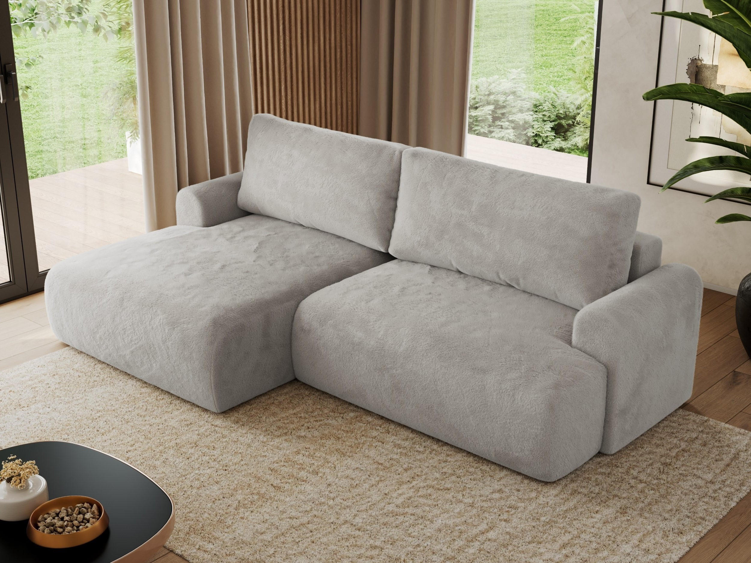ECKSCHLAFSOFA TONO L Hellgrau Plüsch - links - Hellgrau/Schwarz, Kunststoff/Textil (260/150cm) - MKS