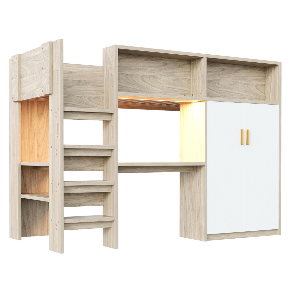 HOCHBETT 90x200 cm in Holzfarbe mit Schreibtisch, Kleiderschrank und LED-Beleuchtung - Naturfarben, Holzwerkstoff (90/200cm) - IVMEU