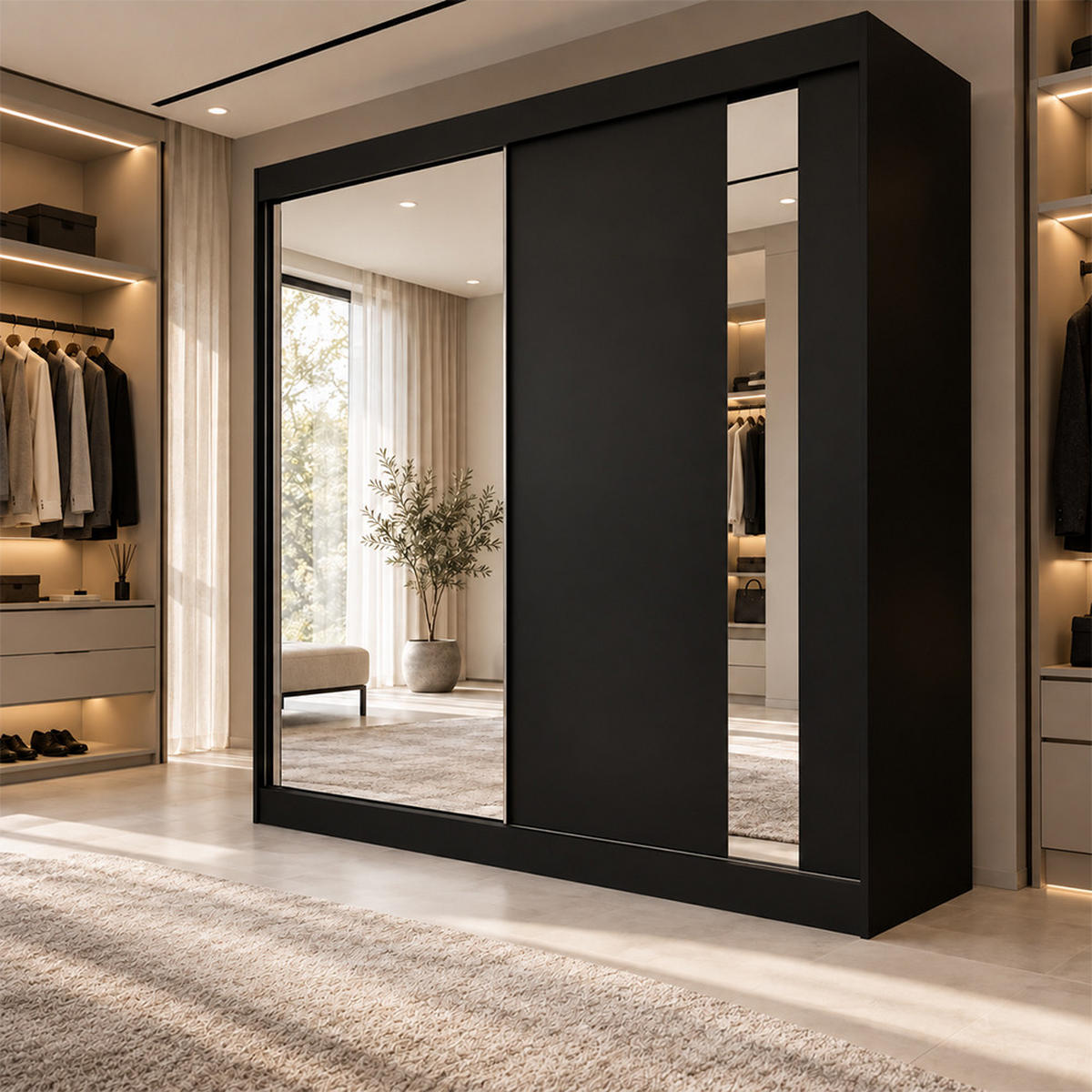 KLEIDERSCHRANK Gloria 200 cm Schwarz Spiegel 2 Schubl. Griffe silber - Schwarz, Holzwerkstoff (200/216/61cm) - KS Home Concept
