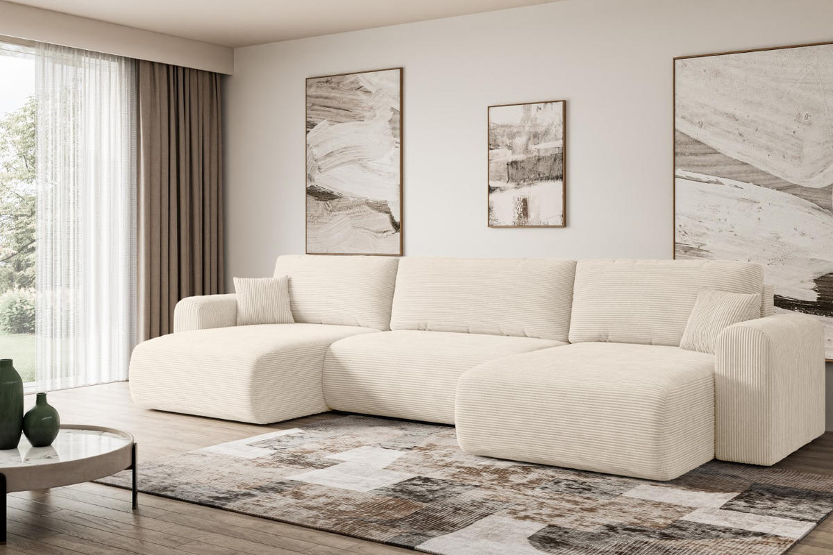 WOHNLANDSCHAFT mit Schlaffunktion und Bettkasten ORRO-U - 362x145x83 cm Beige Cord - Beige/Schwarz, Holzwerkstoff/Kunststoff (362/83/145cm) - ALTDECOR