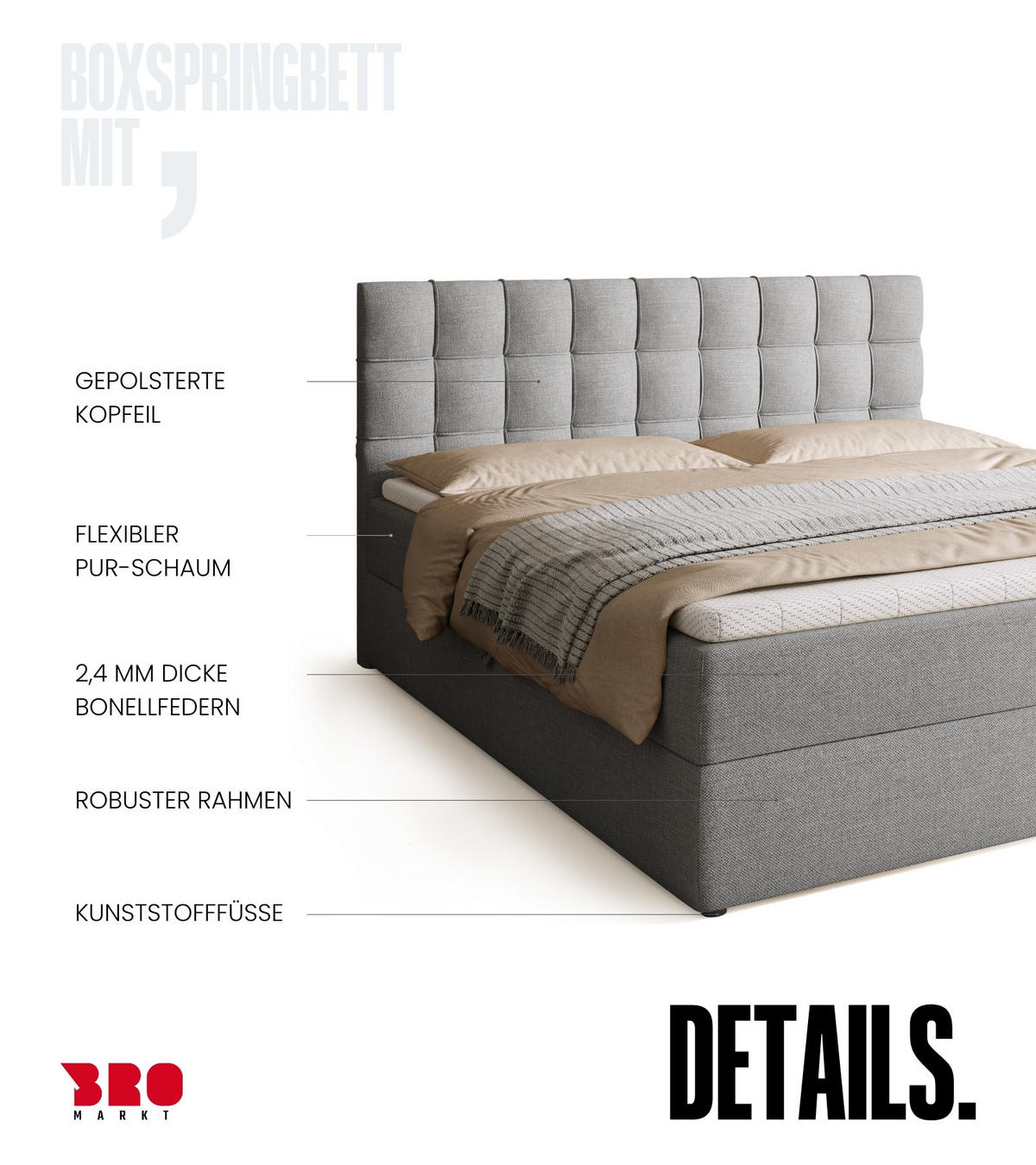 BOXBETT Detroit mit Topper 180/200 Hellgrau - Hellgrau, Holzwerkstoff/Textil (180/200cm) - Bromarkt