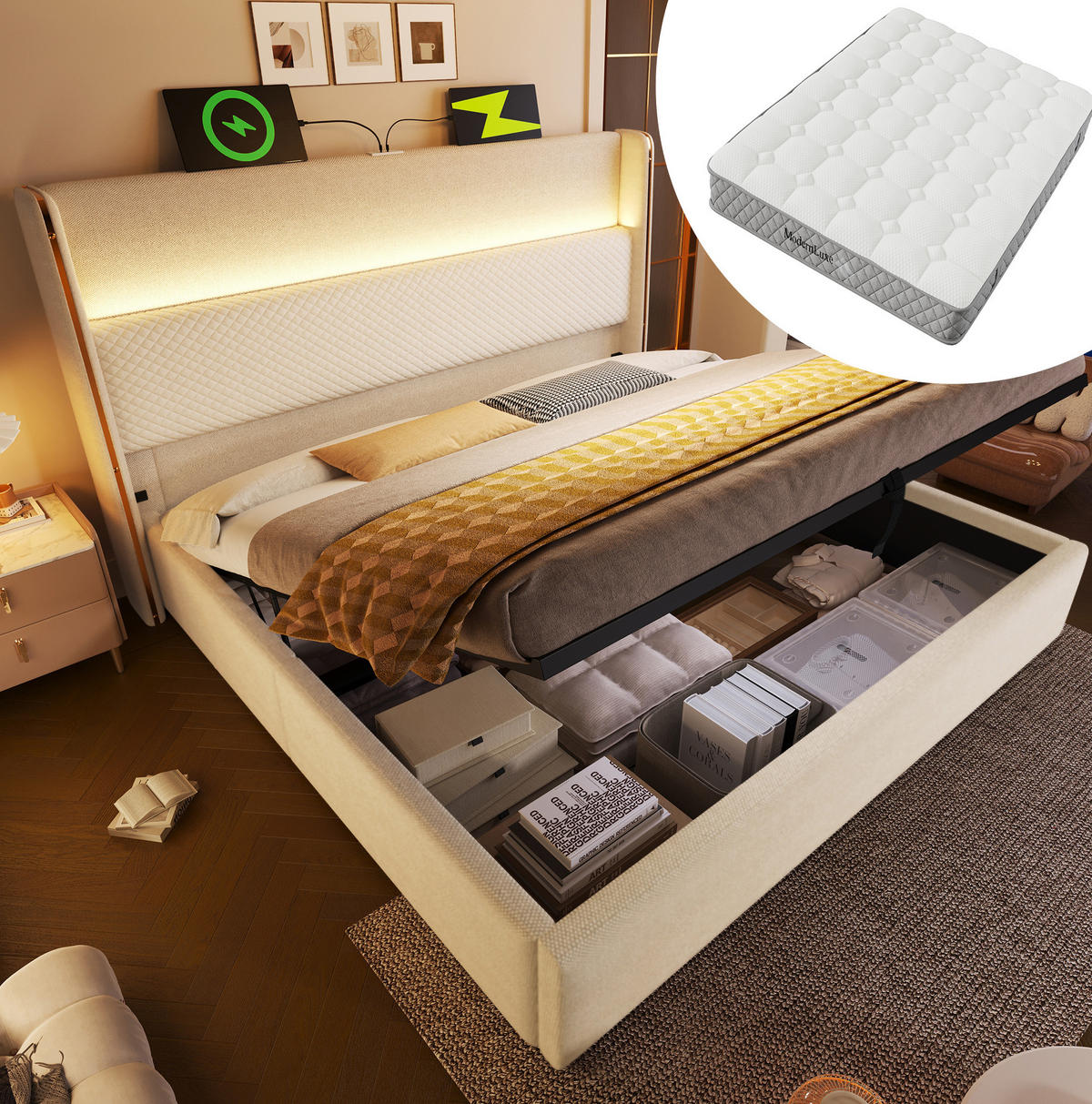 BETT mit LED, Stauraum & USB/Type-C 160x200 cm Leinen Beige inkl. Matratze - Beige, Metall (160/200cm) - Meubliv