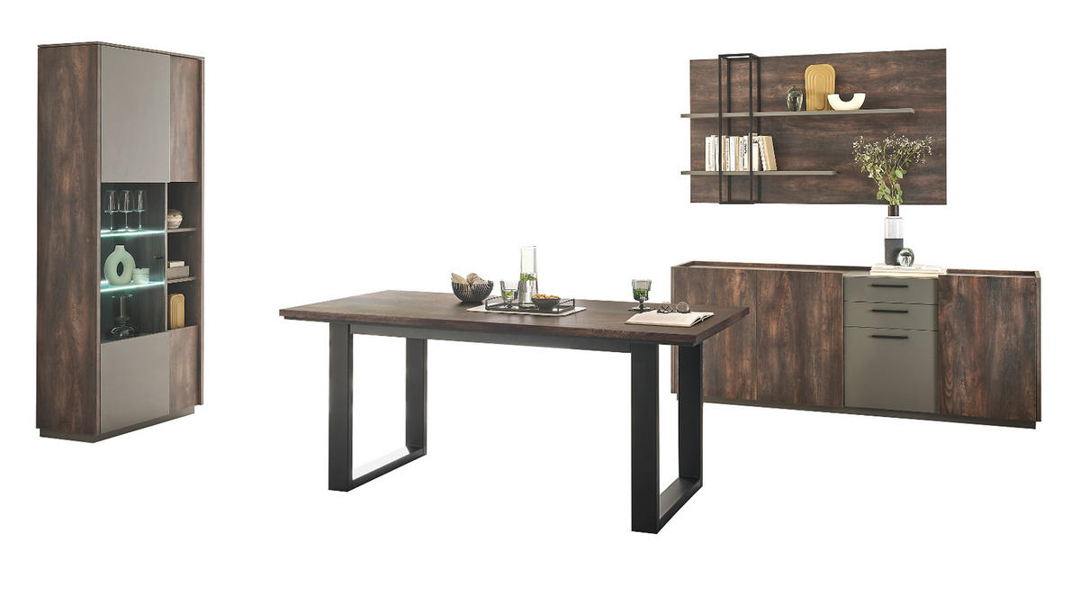 ESSZIMMER-SET Thermo Eiche, grau, Speisezimmer 4-teilig mit Soft-Close - Eichefarben/Schwarz, Glas/Holzwerkstoff (200/200/81cm) - Furn.Design