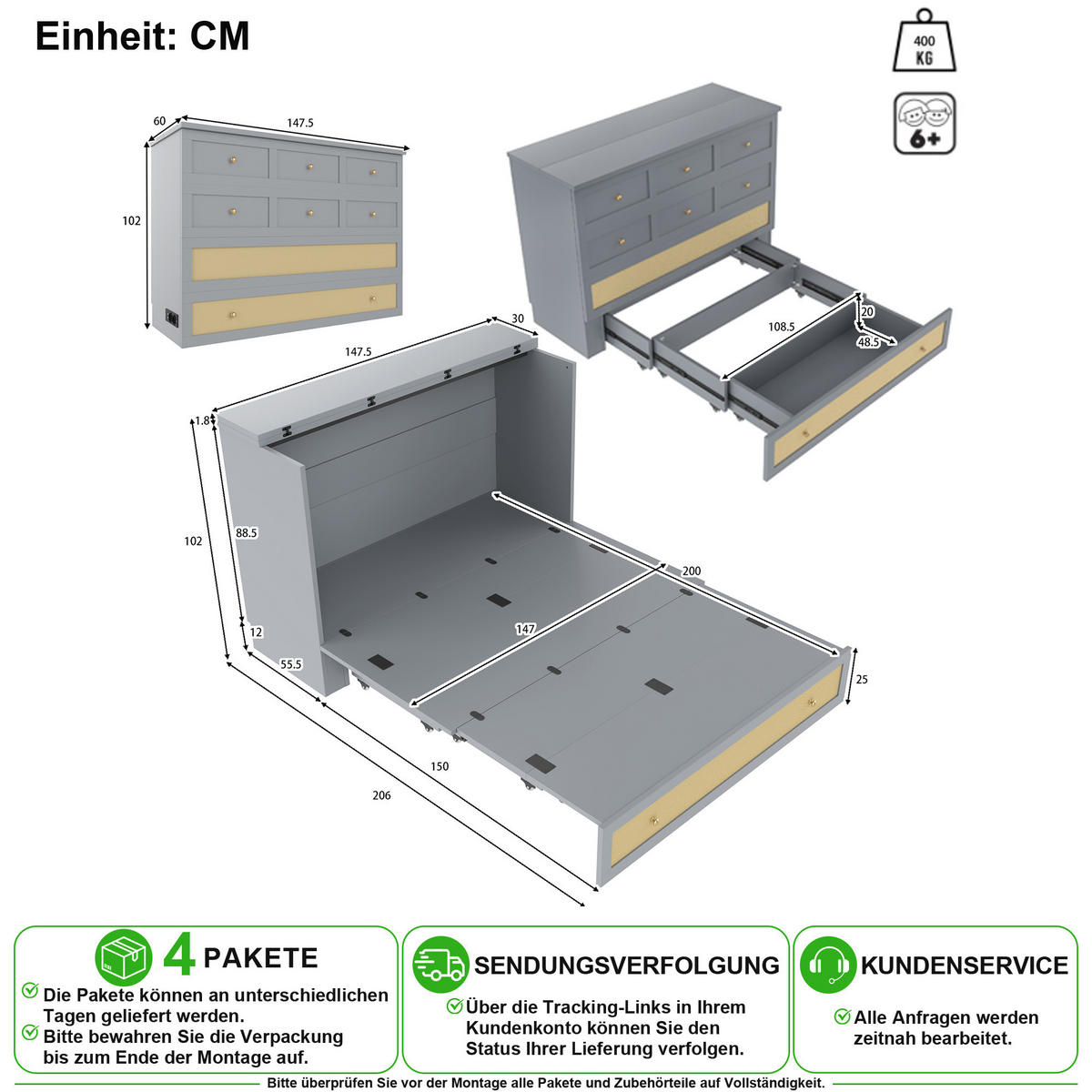 SCHRANKBETT 140/200 cm in Grau mit Schublade, Regal, USB und Steckdose - Grau, Holz/Holzwerkstoff (140/200cm) - CHICFURN