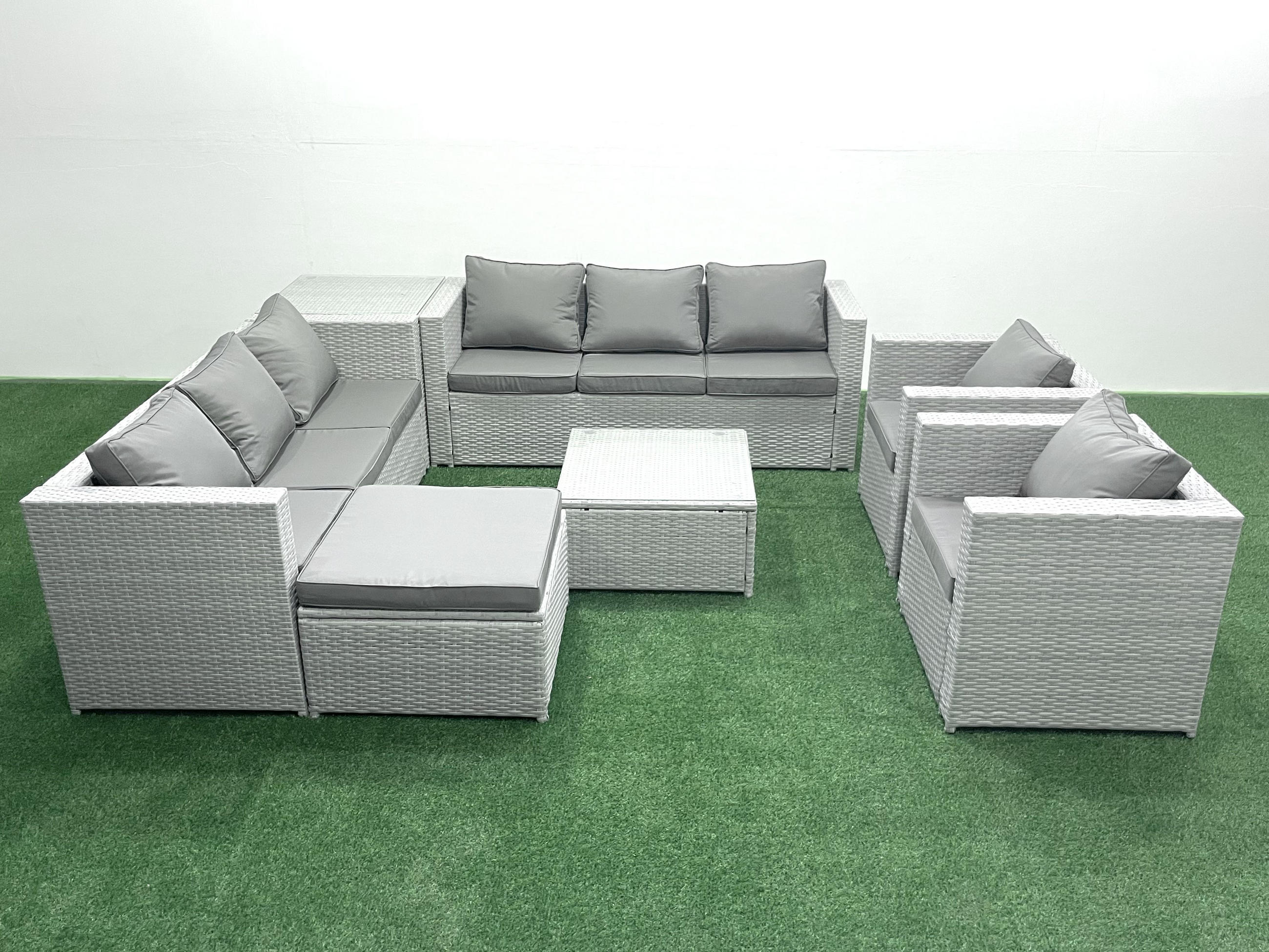 GARTENMÖBEL-SET mit Kissen Polyrattan Hellgrau-Mix 9-Sitzer - Hellgrau/Grau, Glas/Kunststoff - Fimous