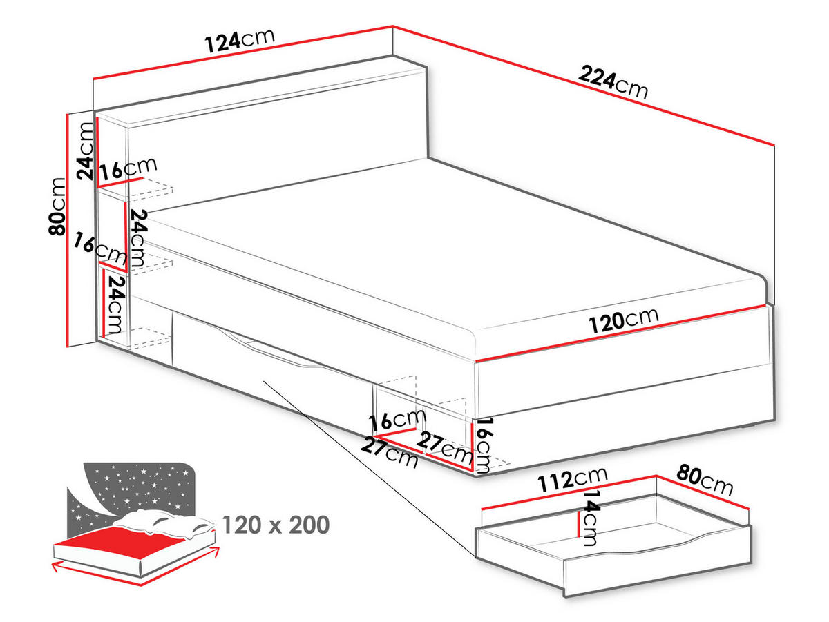 JUGENDBETT Oro OR06 - Naturfarben/Grau, Holzwerkstoff/Kunststoff (120/200cm) - MIRJAN24