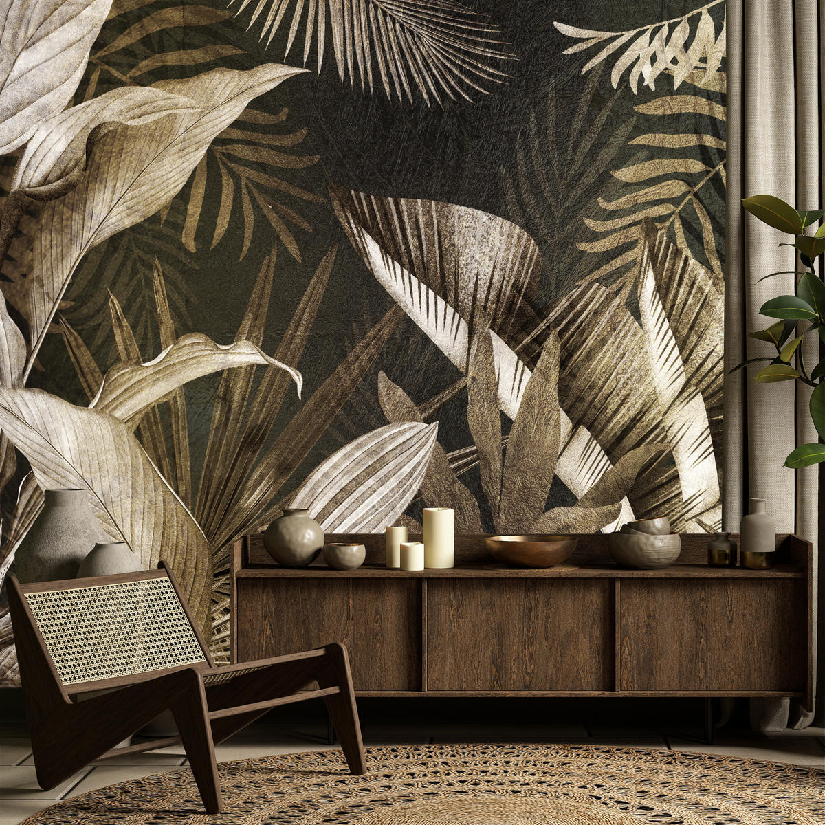 FOTOTAPETE Vintage Tropenpflanzen Blätter Exotisch Modern 400x280 - Beige/Grau, Papier (400/280cm) - Muralo