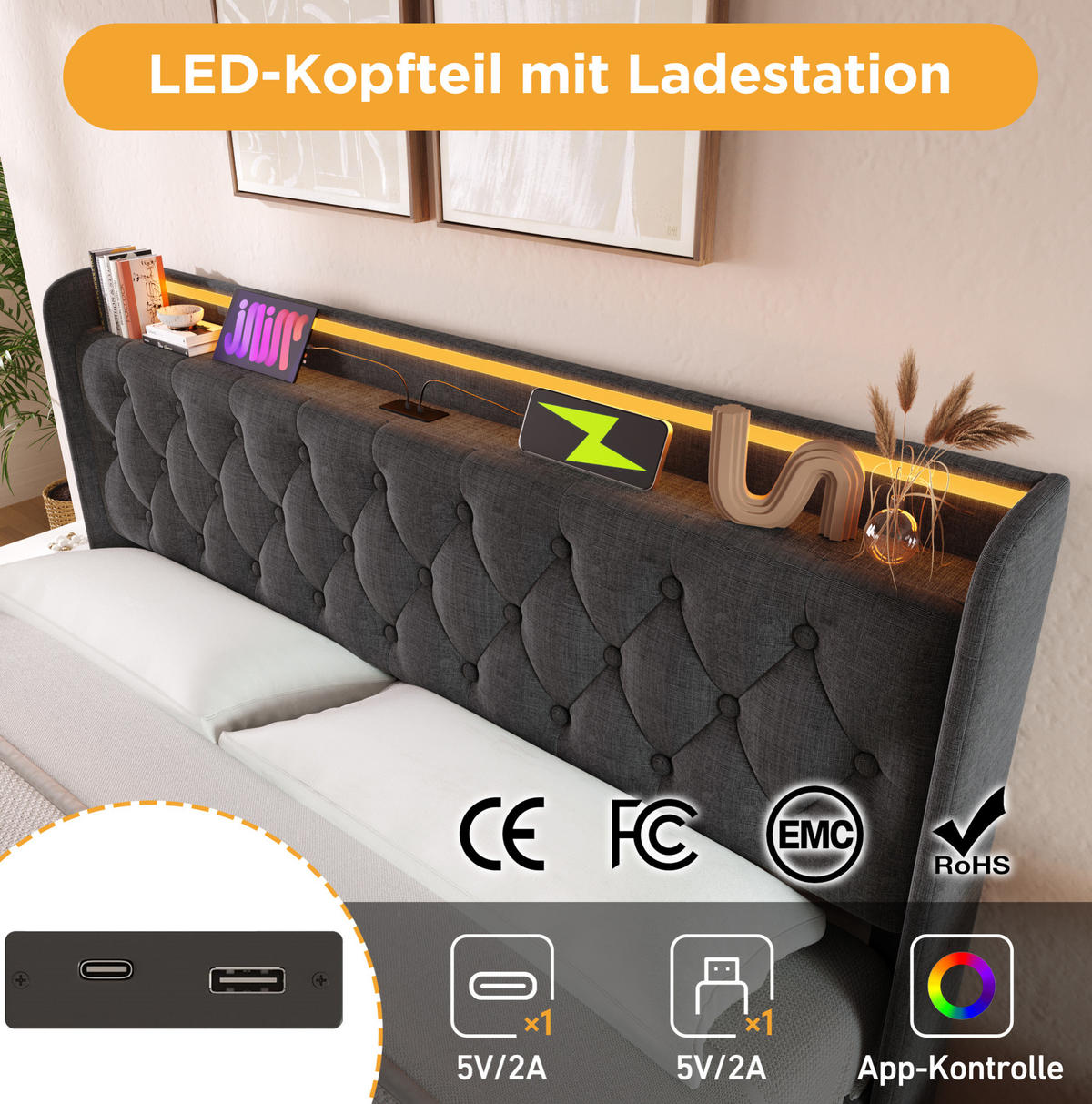 POLSTERBETT 140/200 cm Grau aus Leinen mit LED und Bettkasten - Grau, Textil (140/200cm) - OKMYHOME