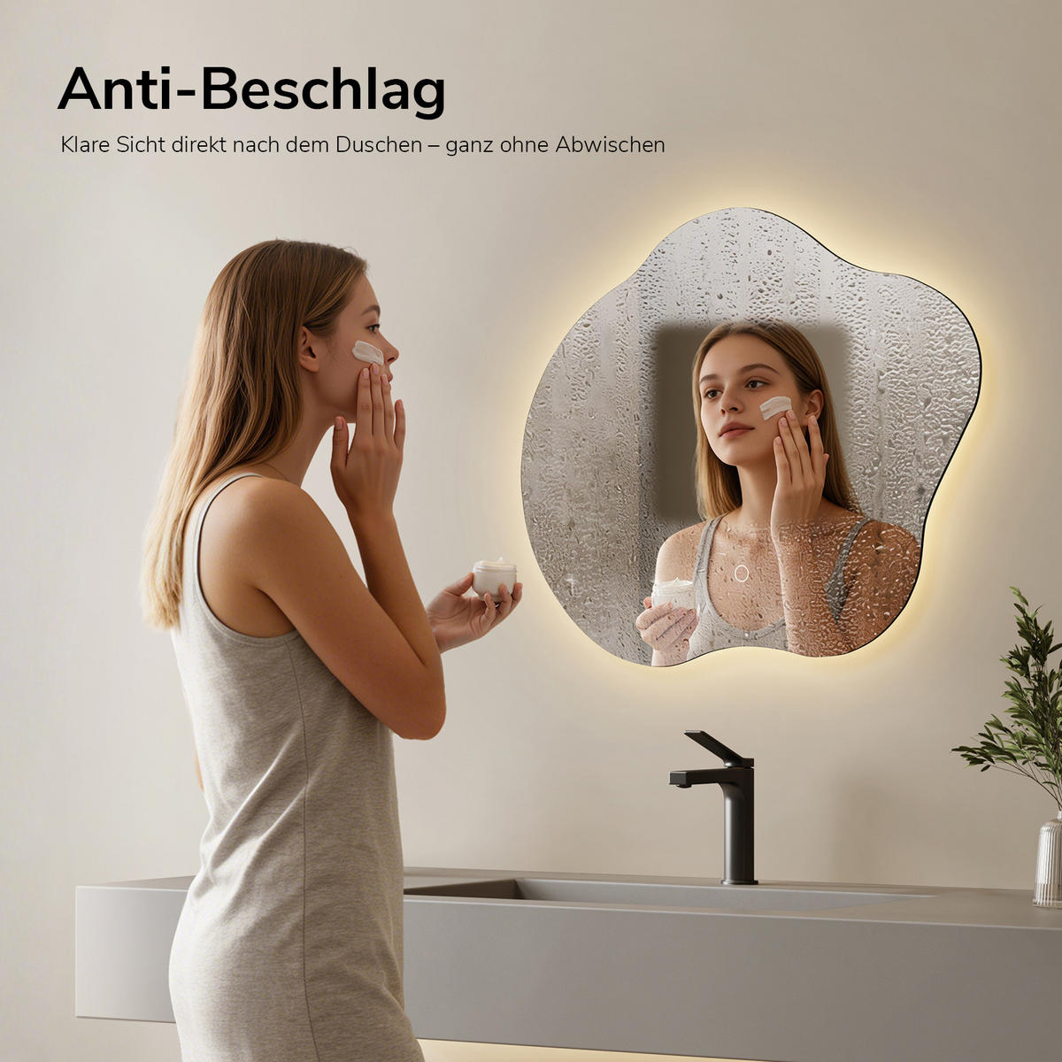 BADSPIEGEL asymmetrisch mit LED-Beleuchtung, Antibeschlag 50/45/3 cm - Transparent, Glas (50/45/2.9cm) - EMKE