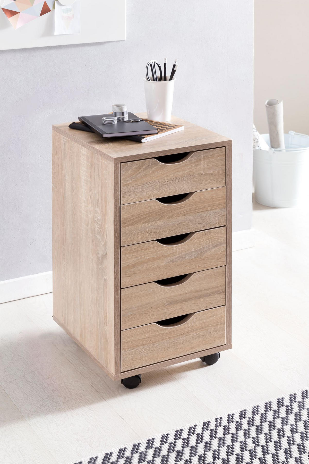 ROLLCONTAINER – MDF-Holz, Sonoma, 5 Schubladen, Rollen, für Büro oder Wohnzimmer - Beige/Schwarz, Holz/Kunststoff (38/64/33cm) - KADIMA DESIGN