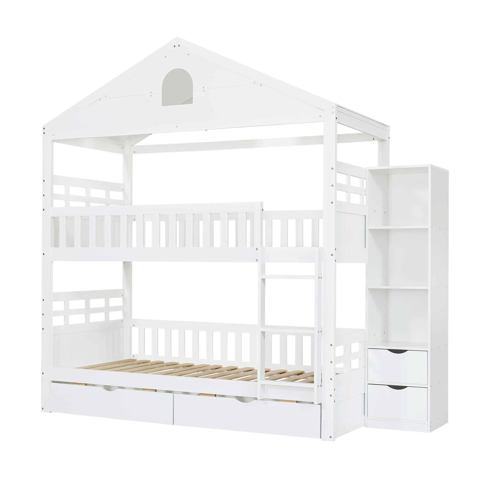 ETAGENBETT 90/200 cm Hausform mit Leiter und Stauraum, DE-41775, in Weiß - Weiß, Holzwerkstoff (90/200cm) - ComfortXL