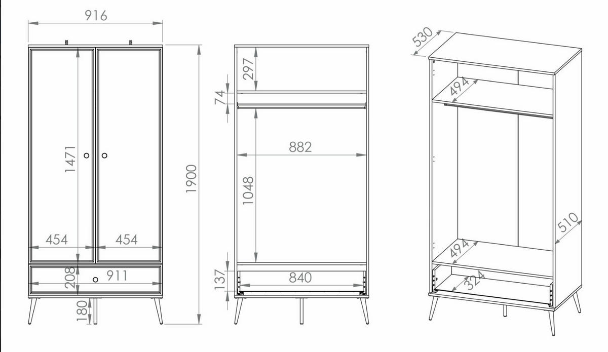 DREHTÜRENSCHRANK Darrby Weiß 92 cm - Goldfarben/Weiß, Holzwerkstoff/Metall (92/190/53cm) - Selsey
