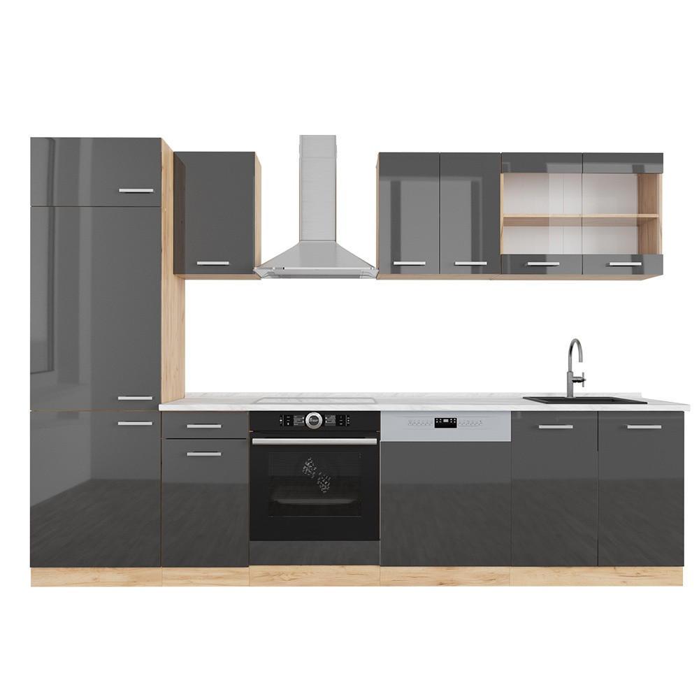 KUHINJSKI BLOK R-Line Antracit visok sijaj/zlati hrast power 300 cm , DP Marmor - črna/medeni hrast, leseni material (300/206.8/60cm) - Vicco