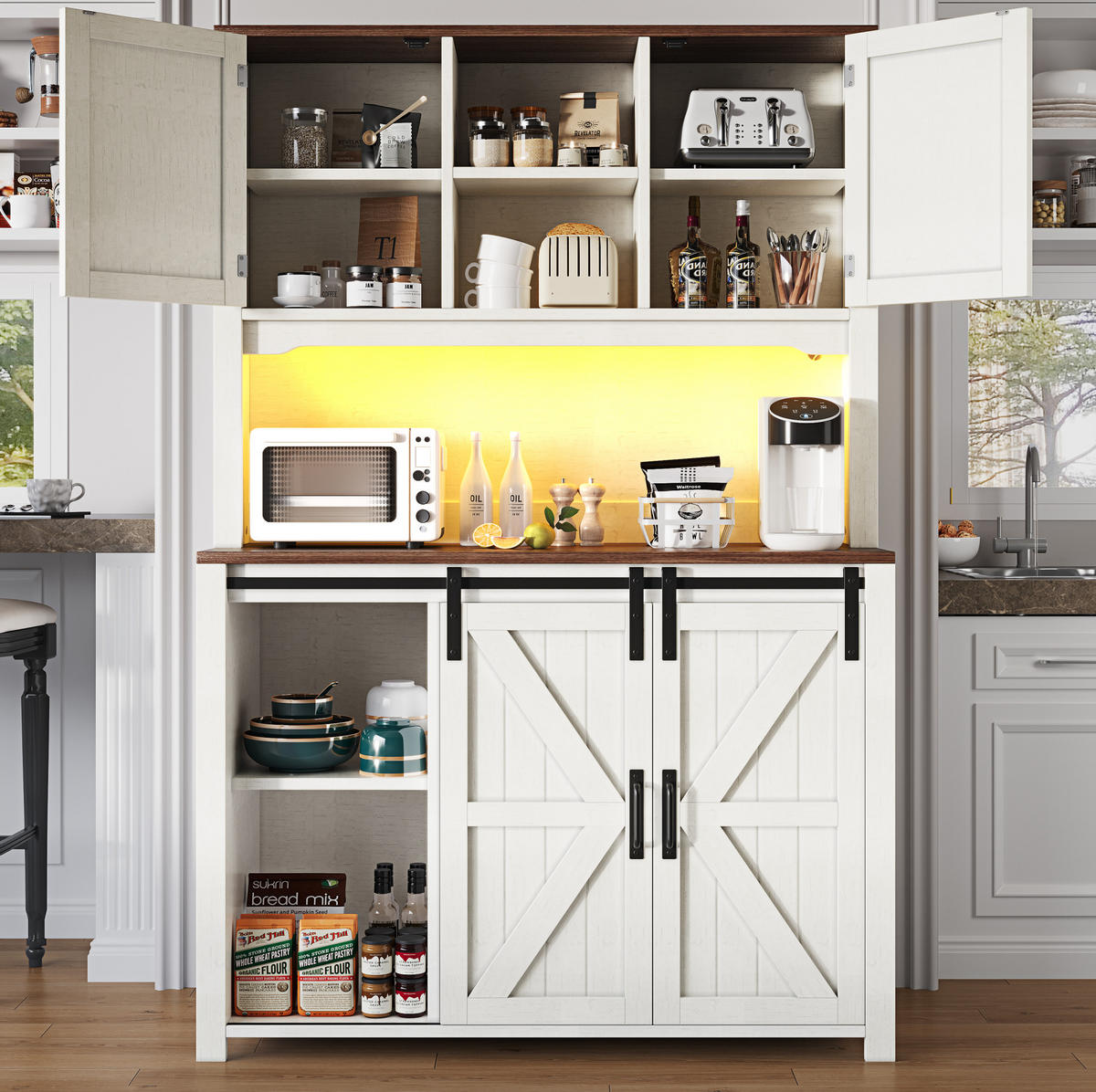 BUFFET 115/40/174,7 cm weiß aus MDF und Metall mit LED - Weiß, Holzwerkstoff (115/174.7/40cm) - OKWISH