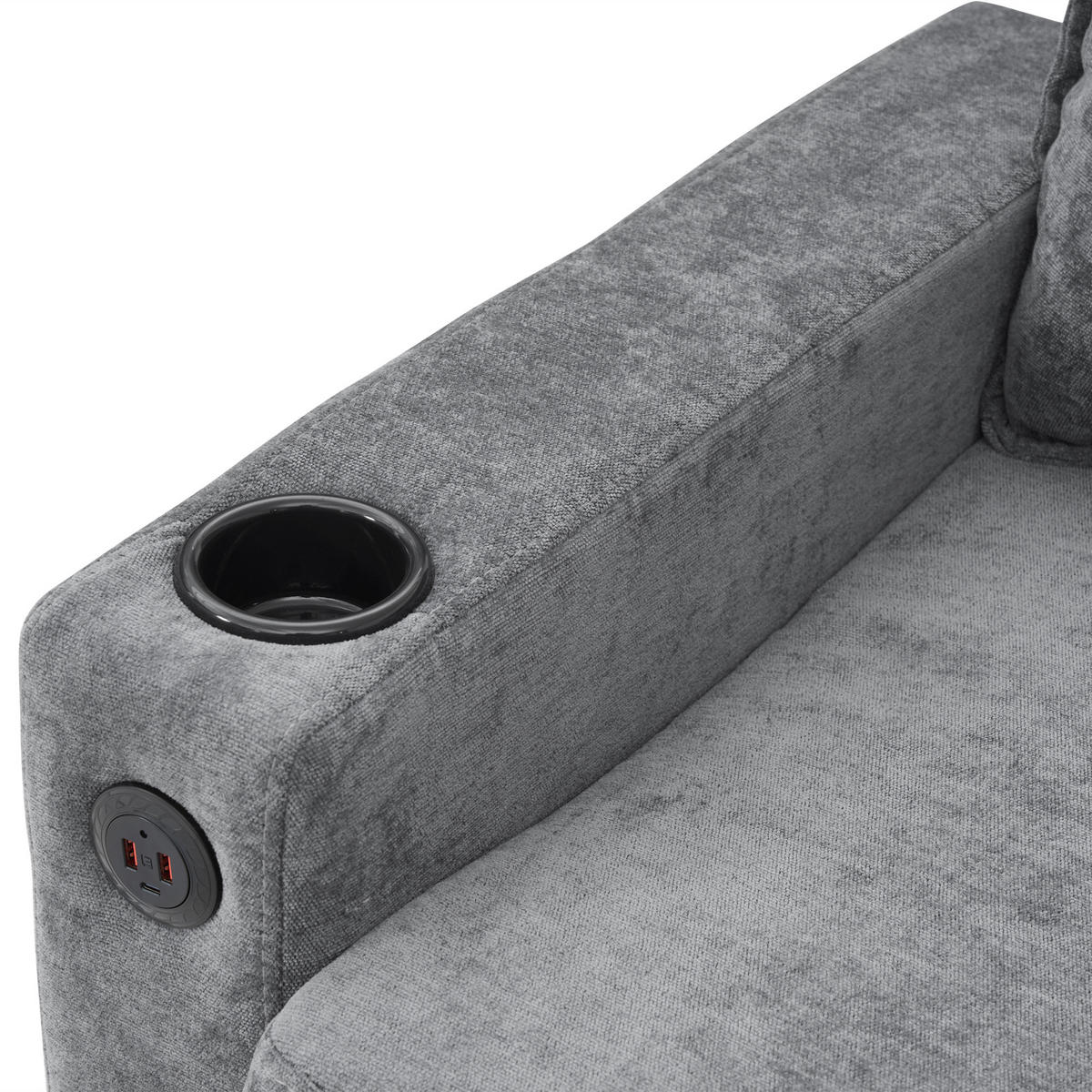 ECKSOFA Leinen Grau mit USB, Type-C und Getränkehaltern - Grau, Holzwerkstoff/Textil (202/137cm) - WISHDOR