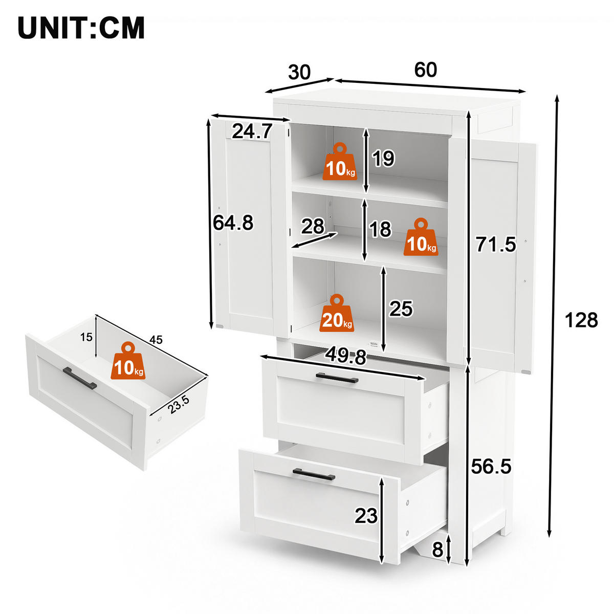 HIGHBOARD DE-38698 60/30/128 cm 2 Schubladen und Scheunentür Weiß - Weiß, Holzwerkstoff (60/128/30cm) - ComfortXL