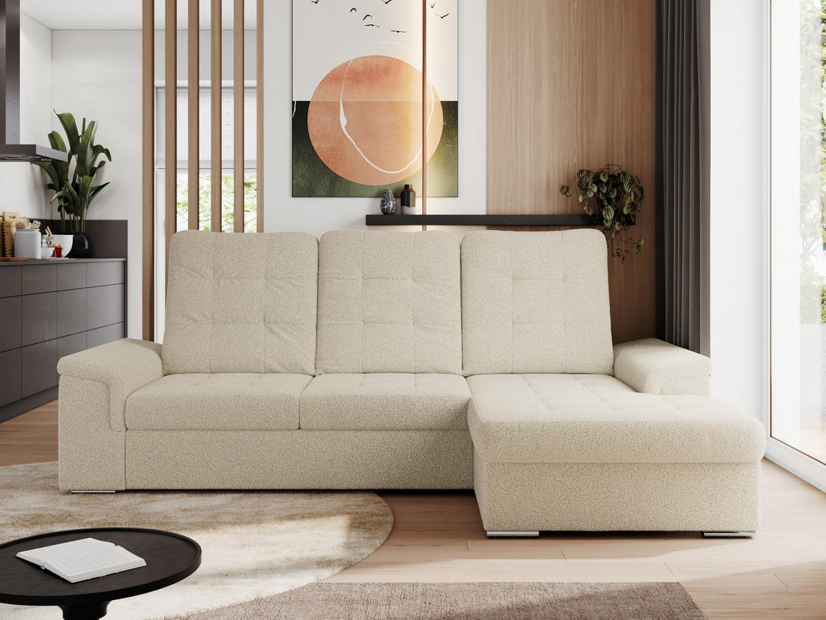 ECKSOFA MADRITO L - Beige Boucle - Rechts - Beige/Silberfarben, Textil/Metall (256/160cm)