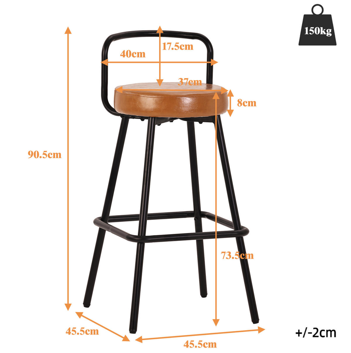 BARHOCKER mit Rückenlehne und Fußablage PU-Leder Braun - Braun, Metall (37/90.5/37.1cm) - Meubliv