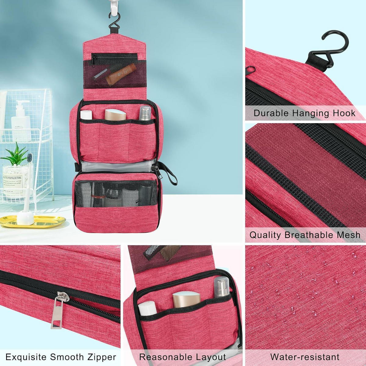 KULTURBEUTEL Hängend Wasserdicht Rose S 24,3x7,6x13cm - Rosa, Textil (24.3/7.6/13cm)