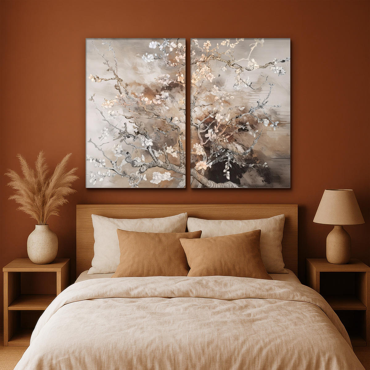 LEINWANDBILD 2er Set Mandelblüte - Abstrakt - Beige 160x120 cm - Beige, Textil (160/120cm) - MuchoWow