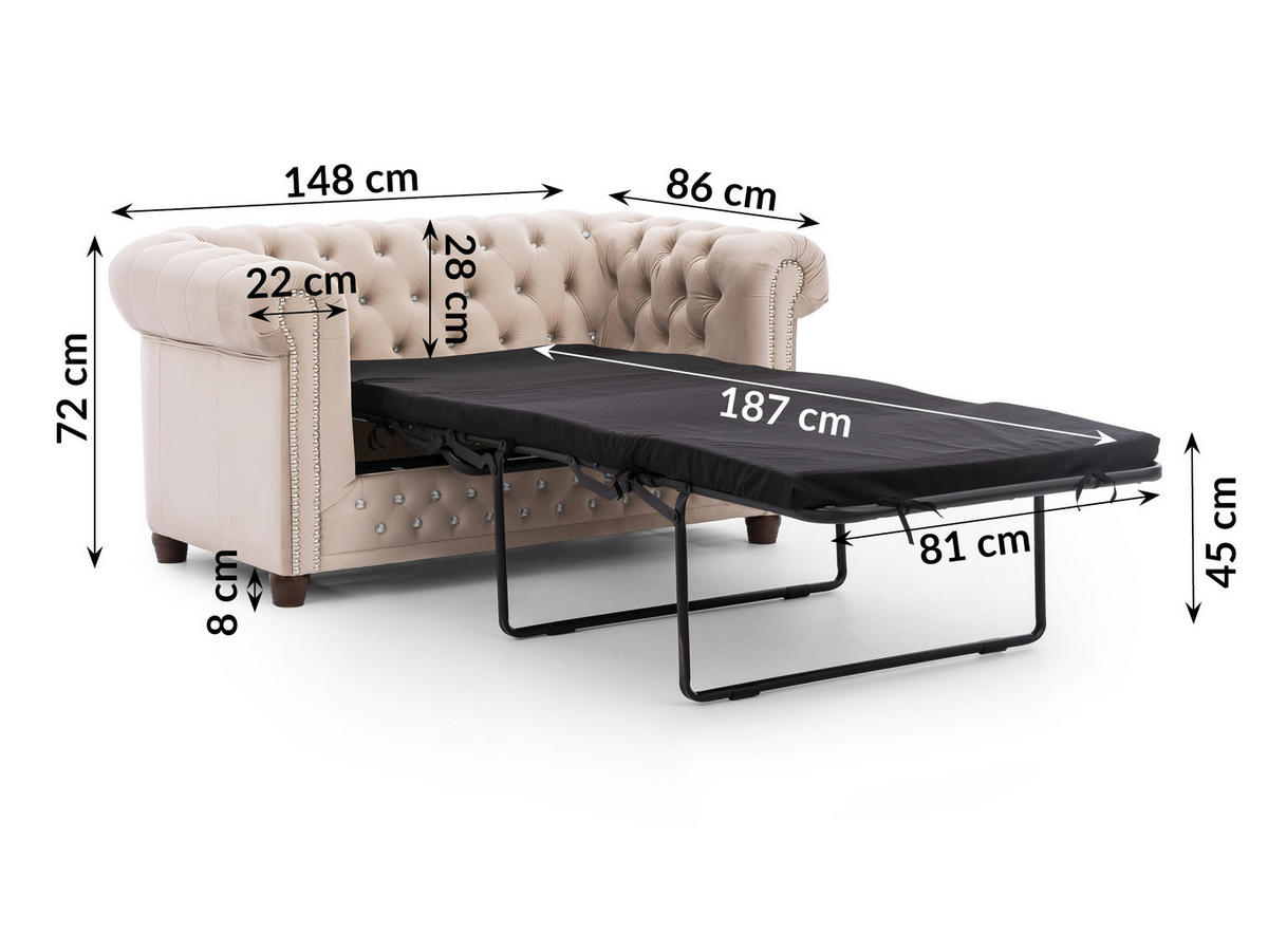 CHESTERFIELD-SOFA 2-Sitzer mit Schlaffunktion Cleo Blink Beige Samt mit Kristallsteppung und braunen Massivholzfüßen - Beige/Braun, Holz/Textil (148/72/86cm) - S-Style Möbel