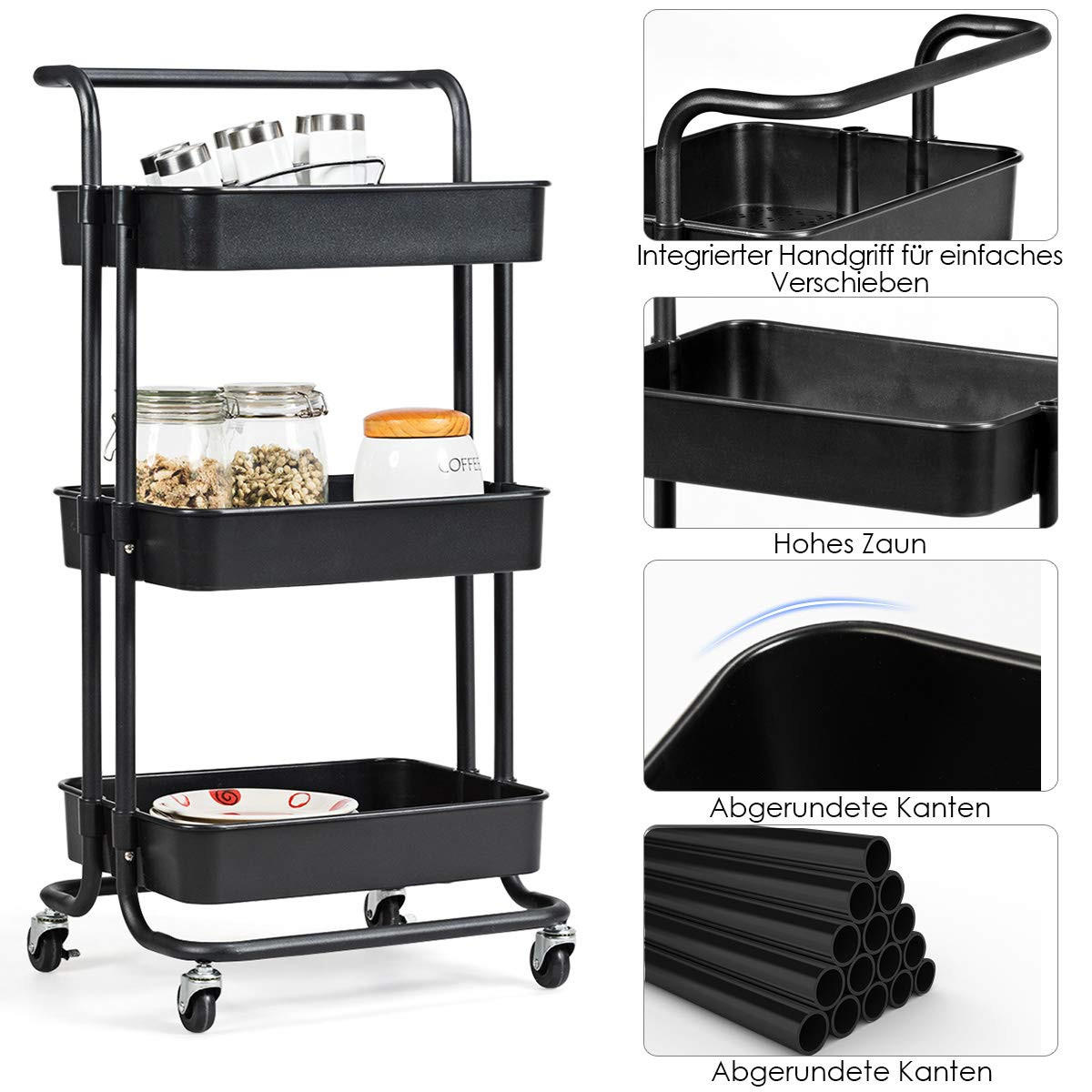 STORAGE TROLLEY Svart - Svart, Metall (42/87/35cm) - COSTWAY