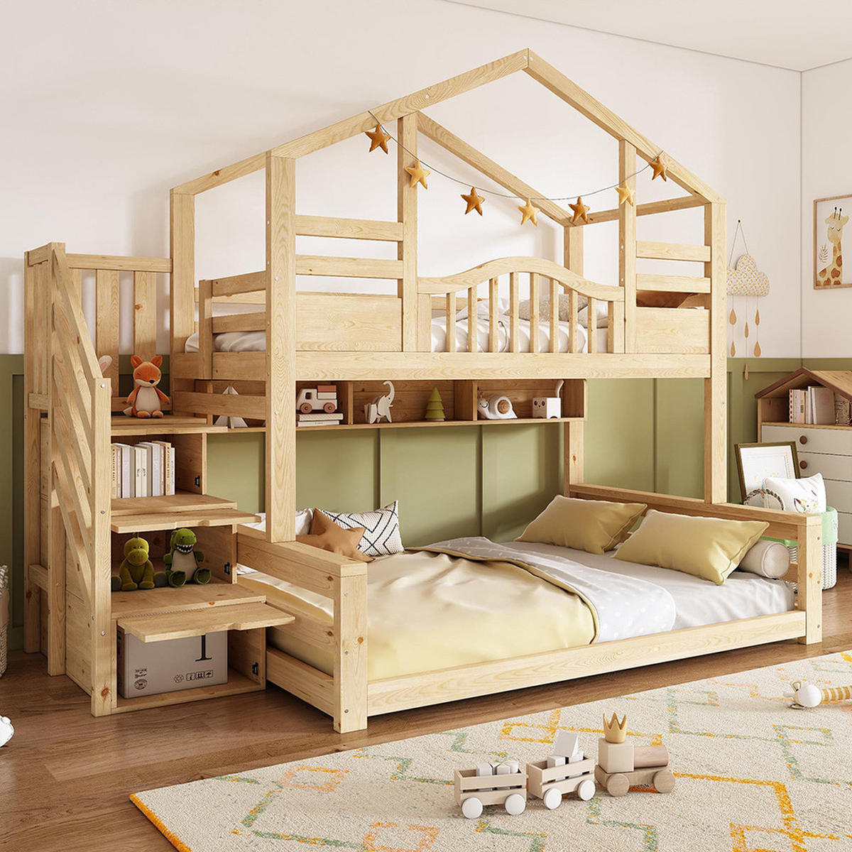 HAUSBETT 90x200 oben 140x200 unten mit Treppenschrank in Hell Natürlich - Naturfarben, Holz (140/200cm) - KOMHTOM