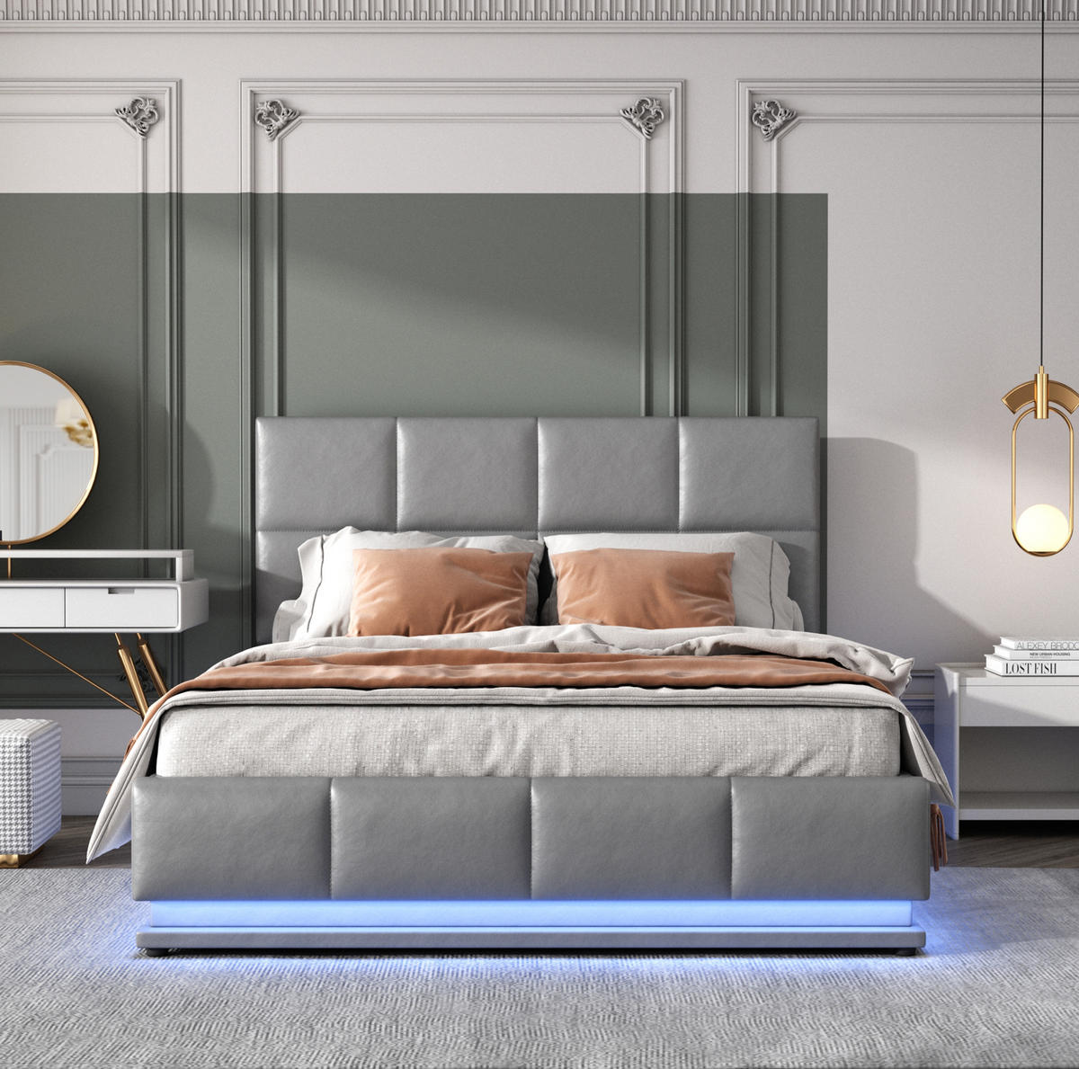 POLSTERBETT aus Kunstleder 140x200 cm Grau mit LED-Beleuchtung, hydraulischem Bettkasten und Lattenrost - Grau, Textil (140/200cm) - Modfu