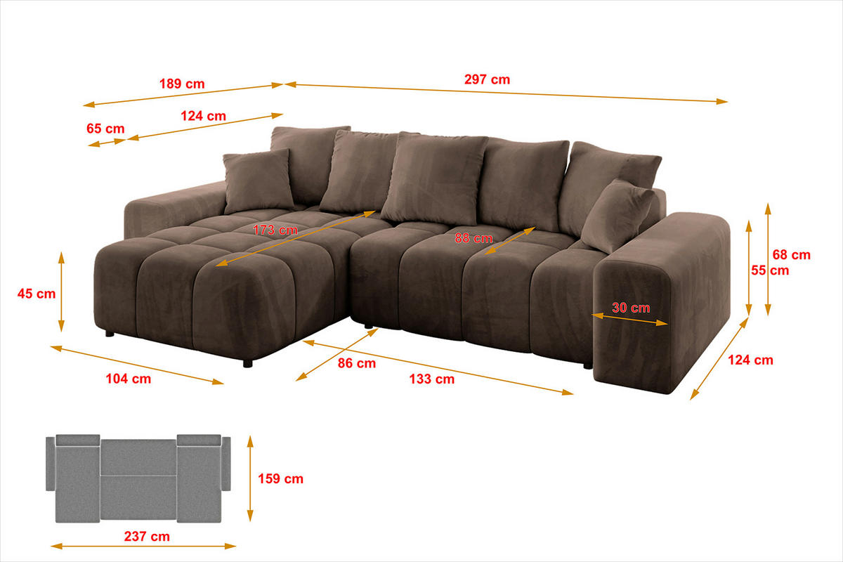 ECKSOFA Ottomane links/rechts ENIL-L 297x189x68 Braun Velours - Braun, Holzwerkstoff/Kunststoff (297/189cm) - ALTDECOR