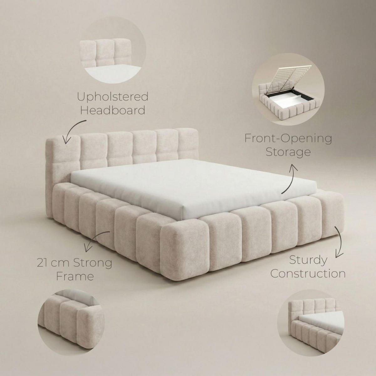 POLSTERBETT NUBO PREMIUM 140x200 cm mit Bettkasten – Stoff QUELLE 92 - Dunkelgrau, Holz (140/200cm) - Dekori_Interiors