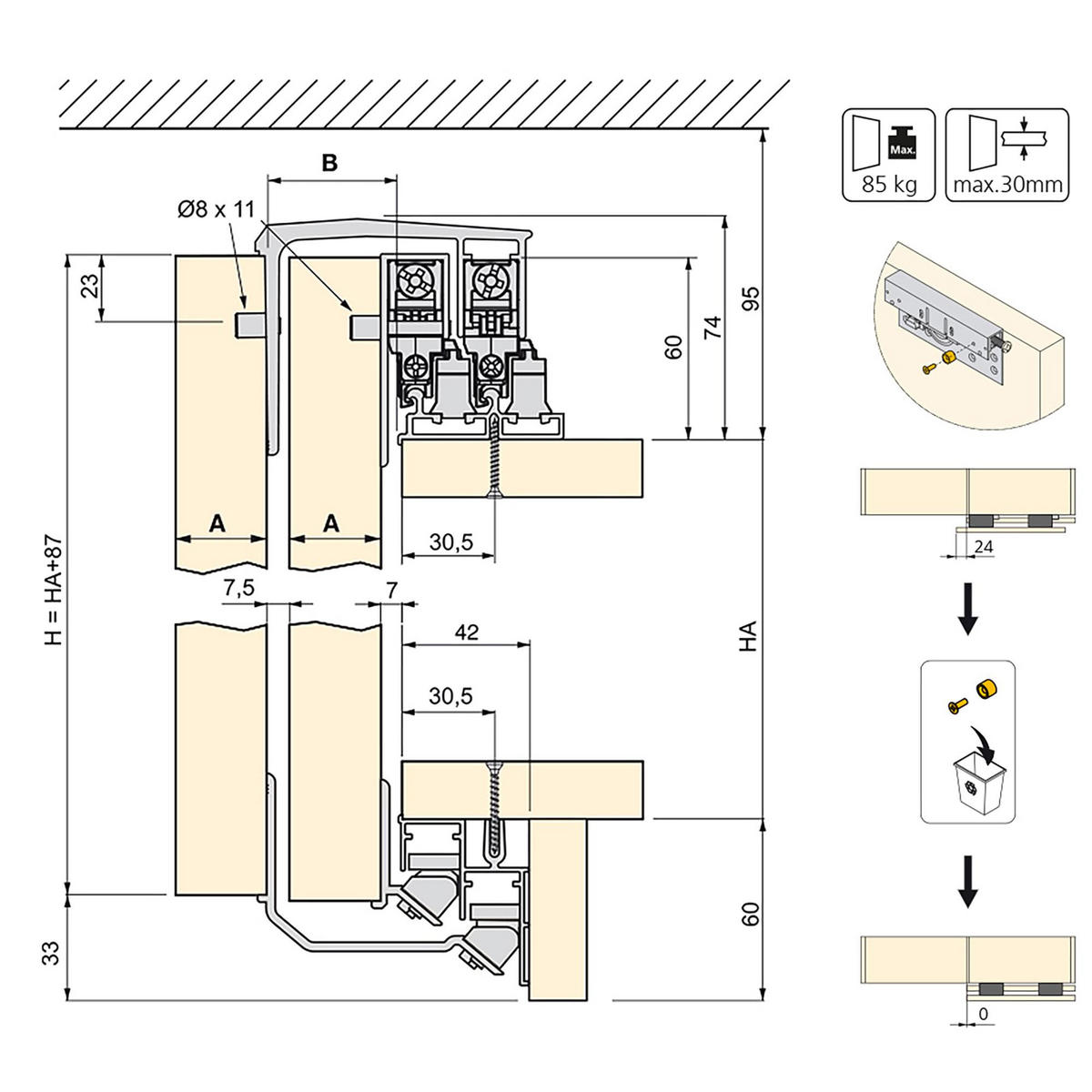 HARDWARE SET für 2 Schiebetüren und Space sanftes Schliessen, Stärke 19-20mm, Oberteile nicht inbegriffen, Matt eloxiert - Multicolor, Metall (5.3/5/230cm) - EMUCA