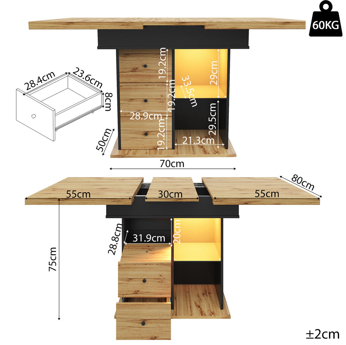JÍDELNÍ stůl 110-140/80 cm s LED osvětlením, výsuvným systémem a úložným prostorem, Černá / přírodní - černá, kompozitní dřevo (110/80/75cm) - Redom